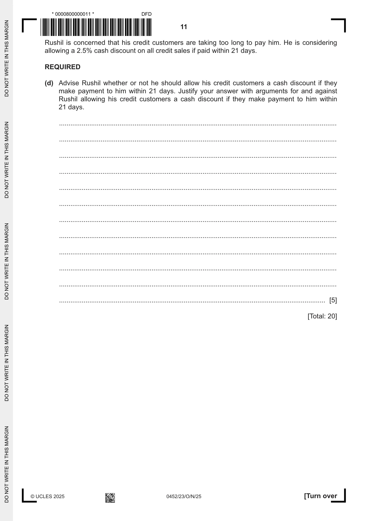 Cambridge IGCSE Accounting 0452 2025 Oct/Nov Paper 2 · Variant 3 question paper, page 11 of 20