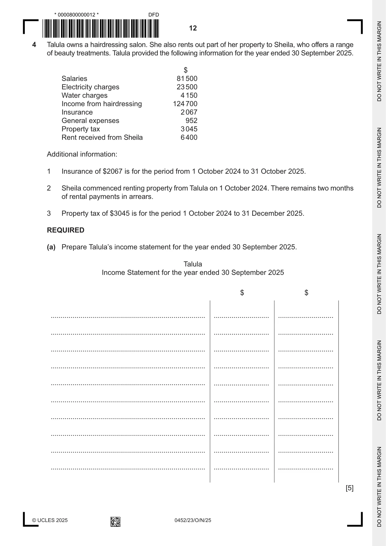 Cambridge IGCSE Accounting 0452 2025 Oct/Nov Paper 2 · Variant 3 question paper, page 12 of 20