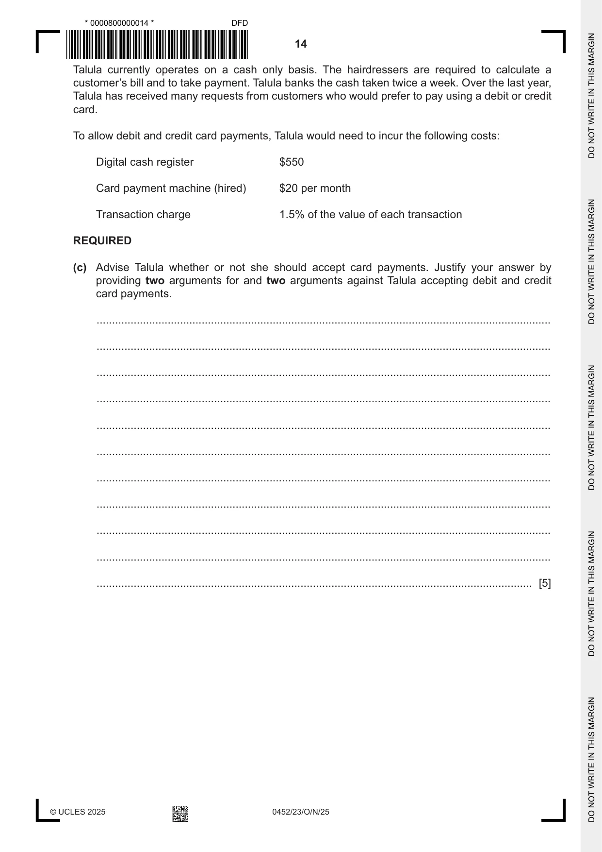 Cambridge IGCSE Accounting 0452 2025 Oct/Nov Paper 2 · Variant 3 question paper, page 14 of 20