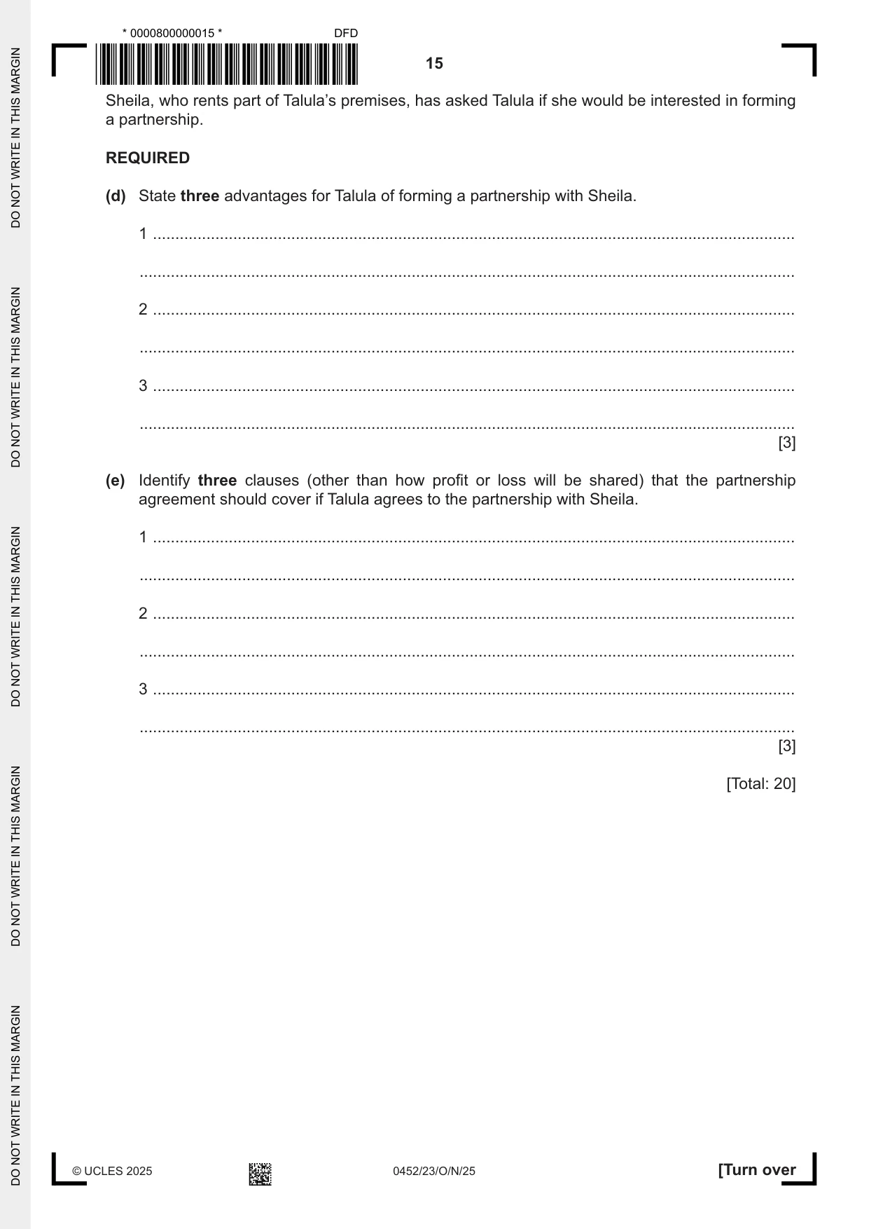Cambridge IGCSE Accounting 0452 2025 Oct/Nov Paper 2 · Variant 3 question paper, page 15 of 20
