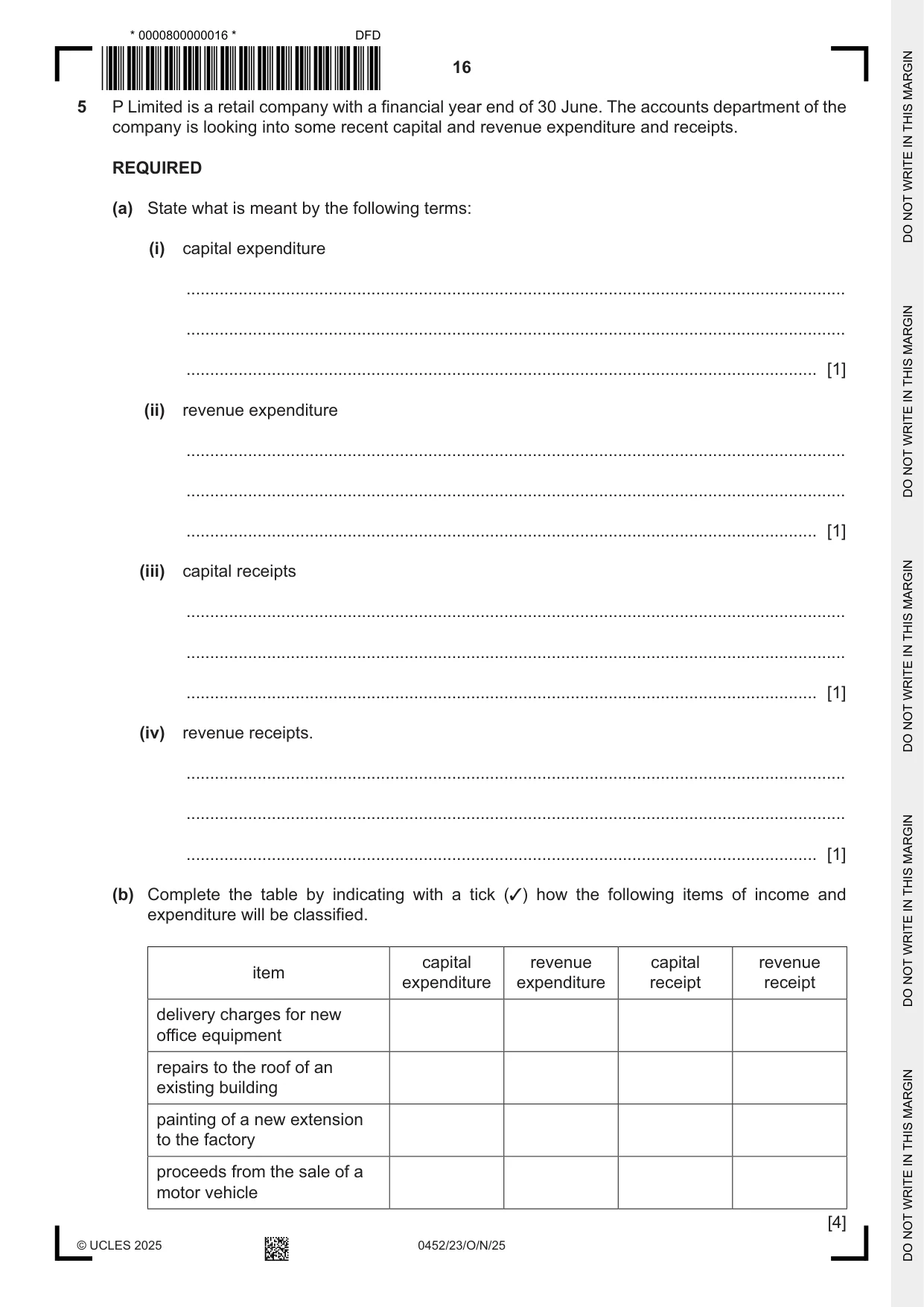 Cambridge IGCSE Accounting 0452 2025 Oct/Nov Paper 2 · Variant 3 question paper, page 16 of 20