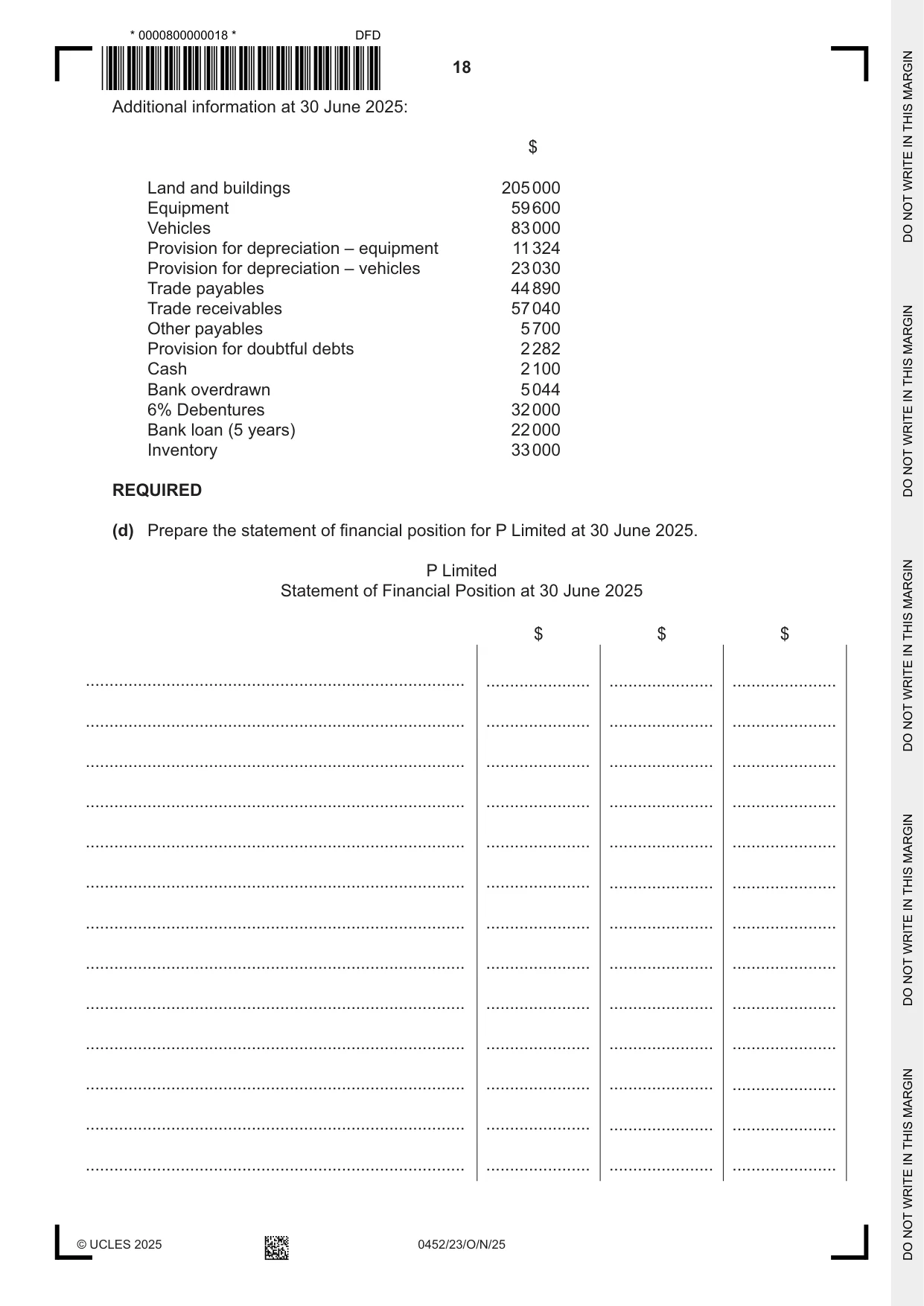 Cambridge IGCSE Accounting 0452 2025 Oct/Nov Paper 2 · Variant 3 question paper, page 18 of 20