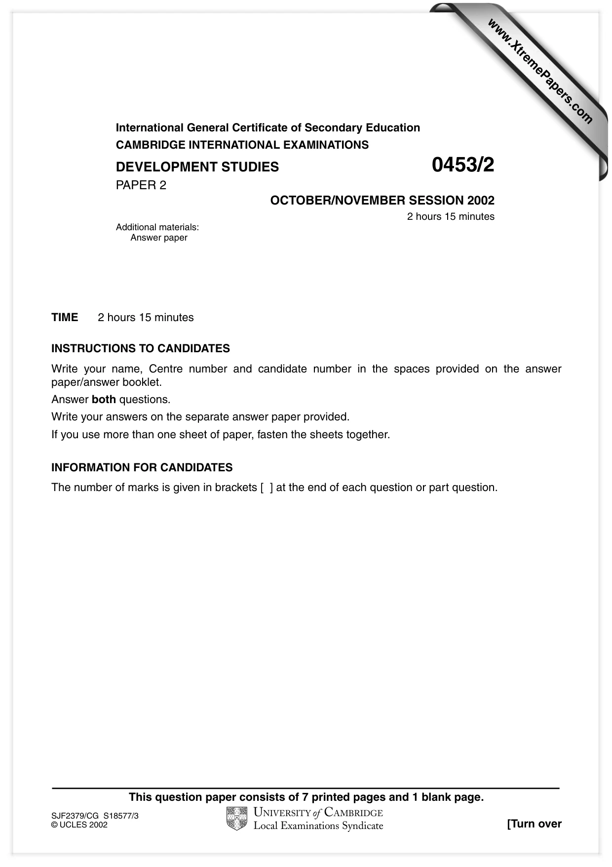 Cambridge IGCSE Development Studies 0453 2002 Oct/Nov Paper 2 · Variant 1 question paper, page 1 of 8
