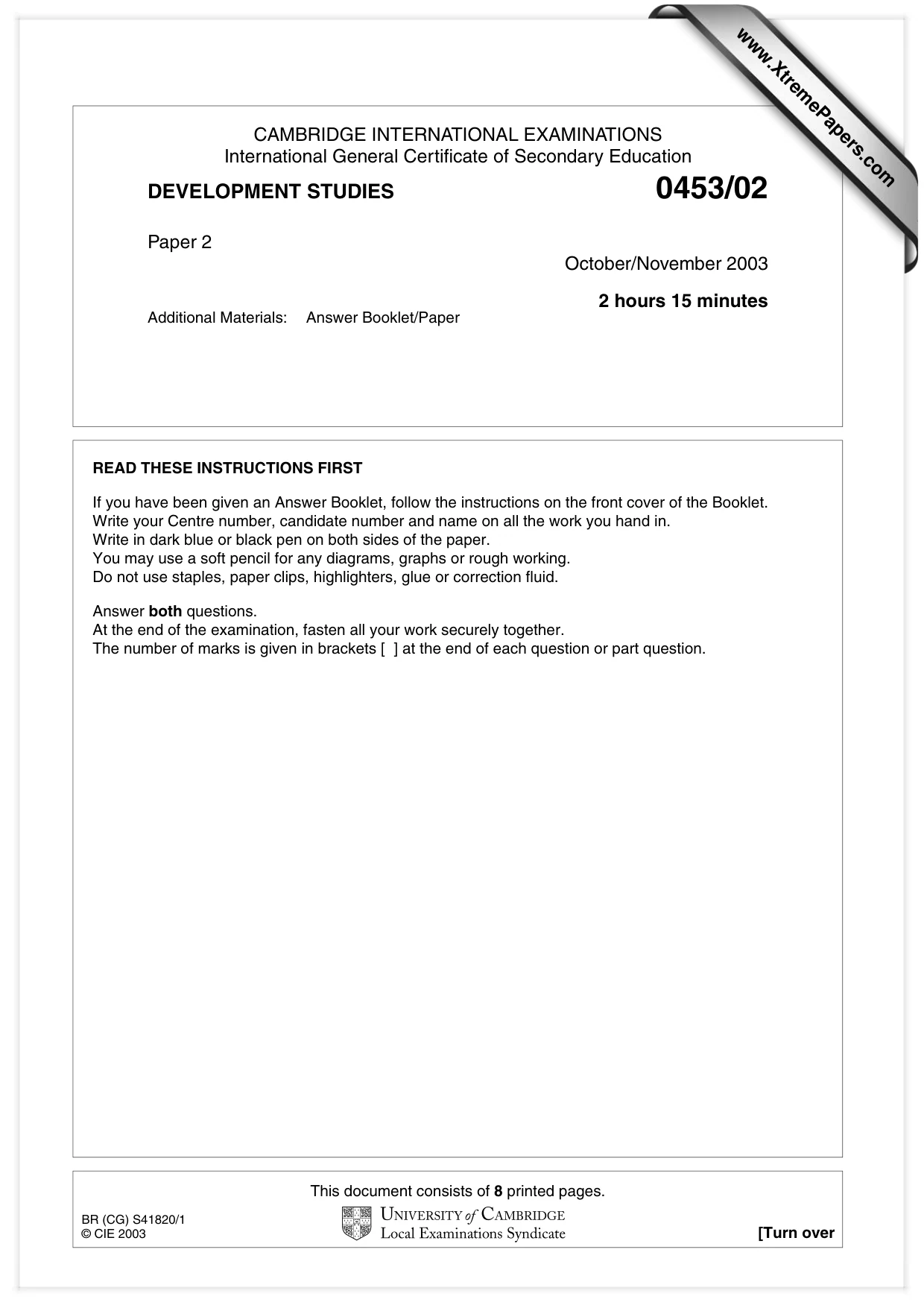 Cambridge IGCSE Development Studies 0453 2003 Oct/Nov Paper 2 · Variant 1 question paper, page 1 of 8