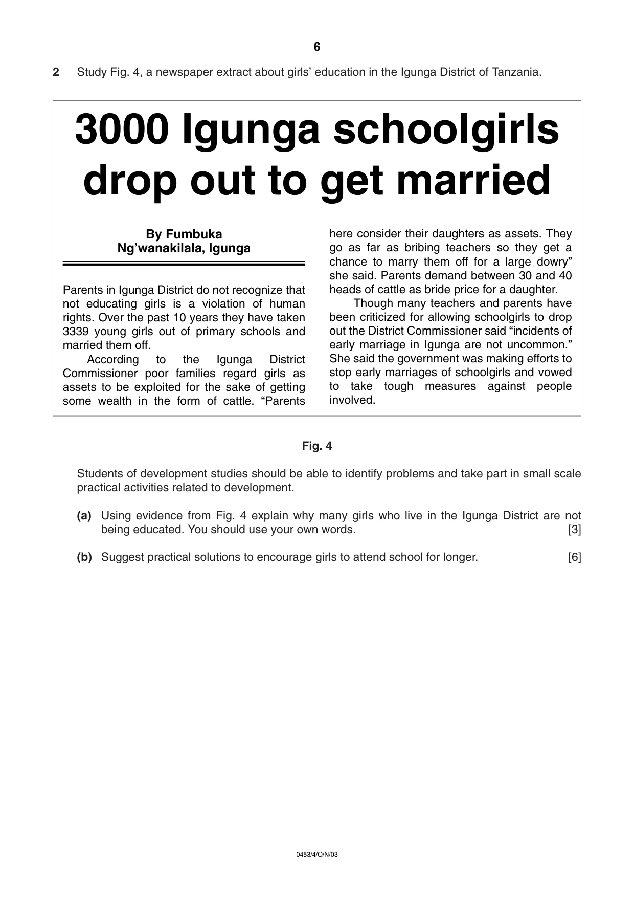Cambridge IGCSE Development Studies 0453 2003 Oct/Nov Paper 4 · Variant 1 question paper, page 6 of 8