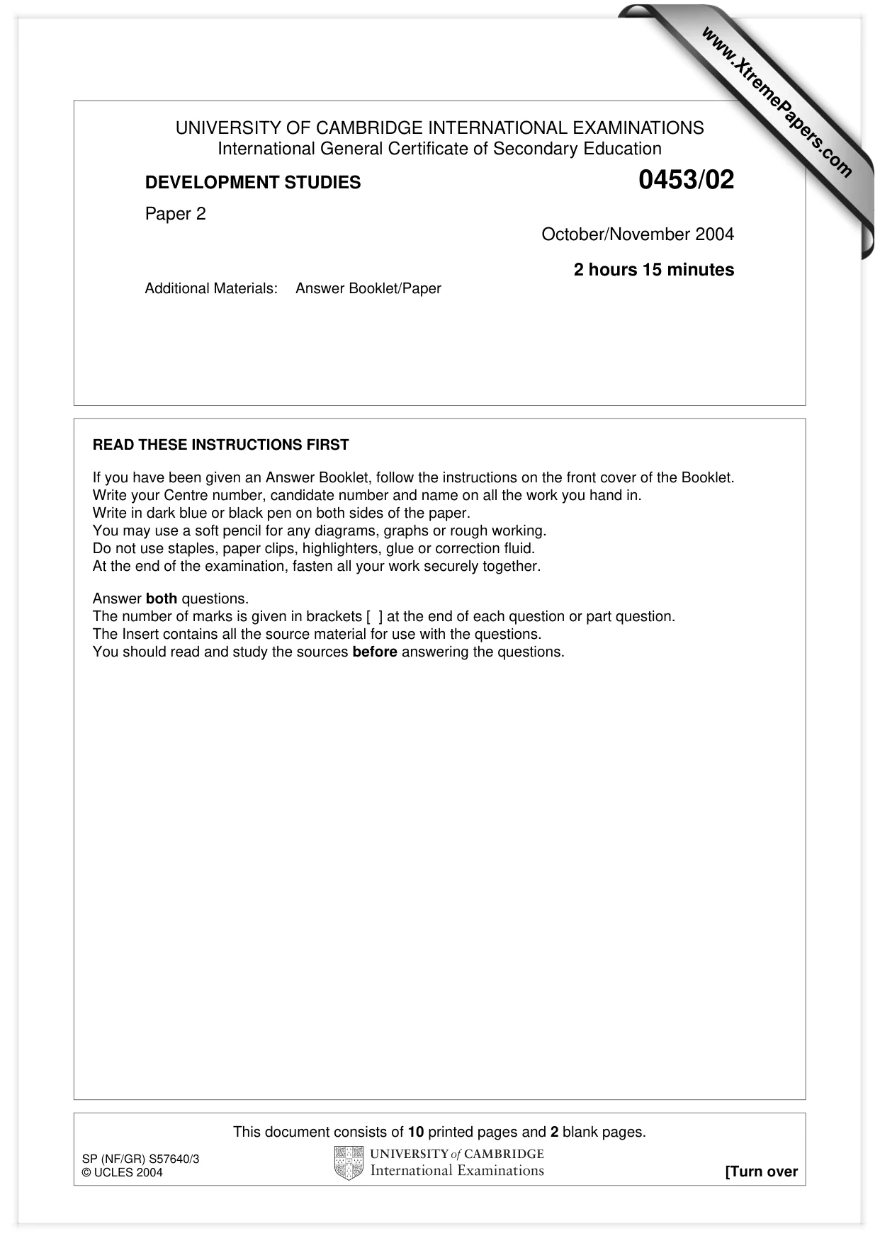 Cambridge IGCSE Development Studies 0453 2004 Oct/Nov Paper 2 · Variant 1 question paper, page 1 of 12
