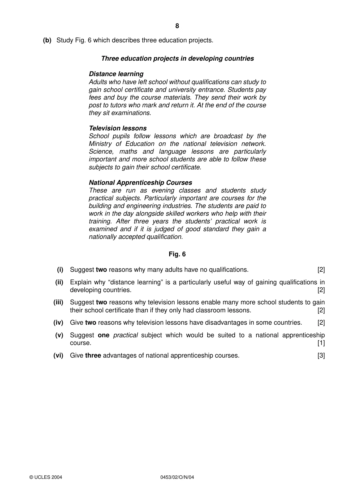 Cambridge IGCSE Development Studies 0453 2004 Oct/Nov Paper 2 · Variant 1 question paper, page 8 of 12