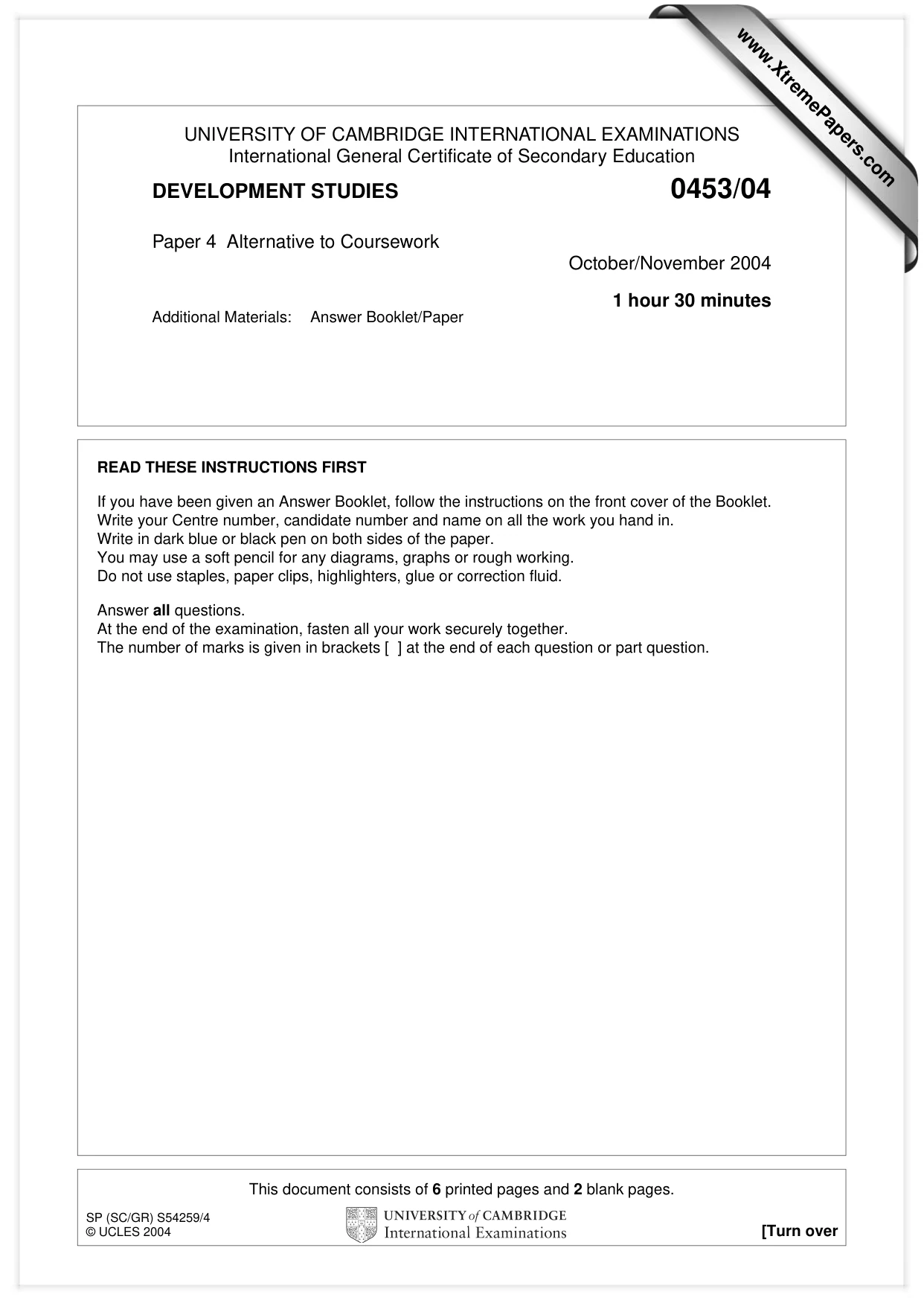 Cambridge IGCSE Development Studies 0453 2004 Oct/Nov Paper 4 · Variant 1 question paper, page 1 of 8