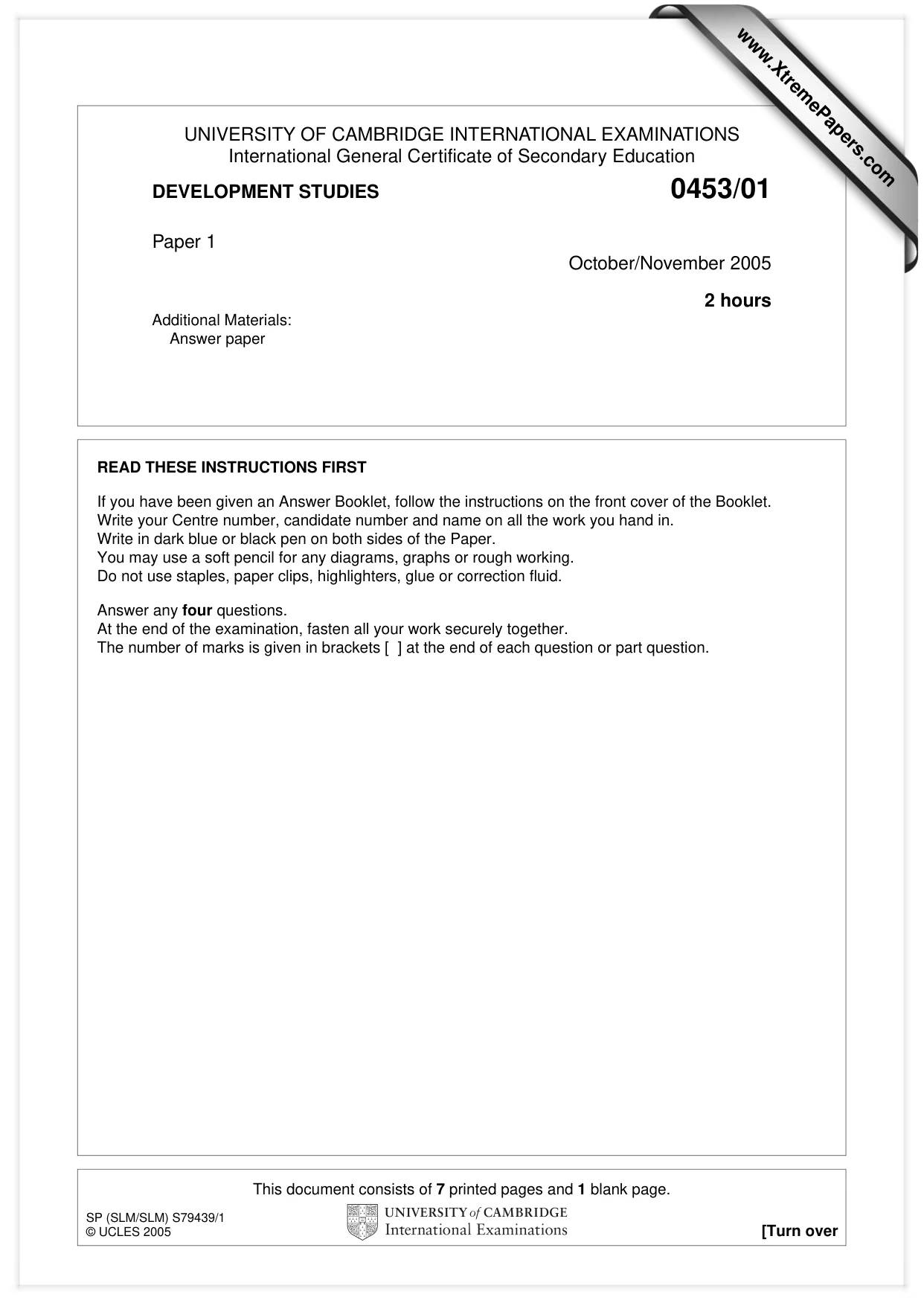 Cambridge IGCSE Development Studies 0453 2005 Oct/Nov Paper 1 · Variant 1 question paper, page 1 of 8