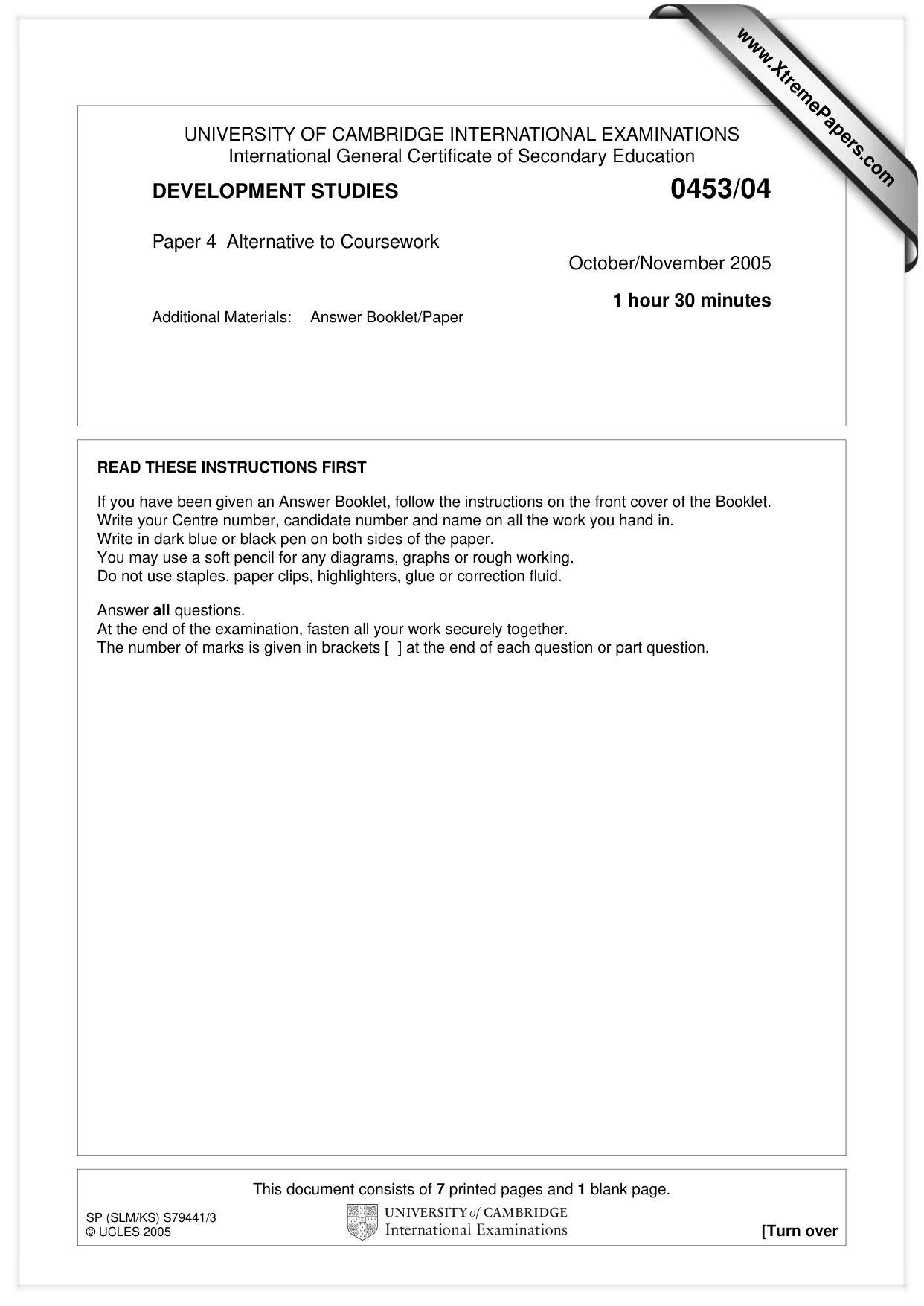 Cambridge IGCSE Development Studies 0453 2005 Oct/Nov Paper 4 · Variant 1 question paper, page 1 of 8