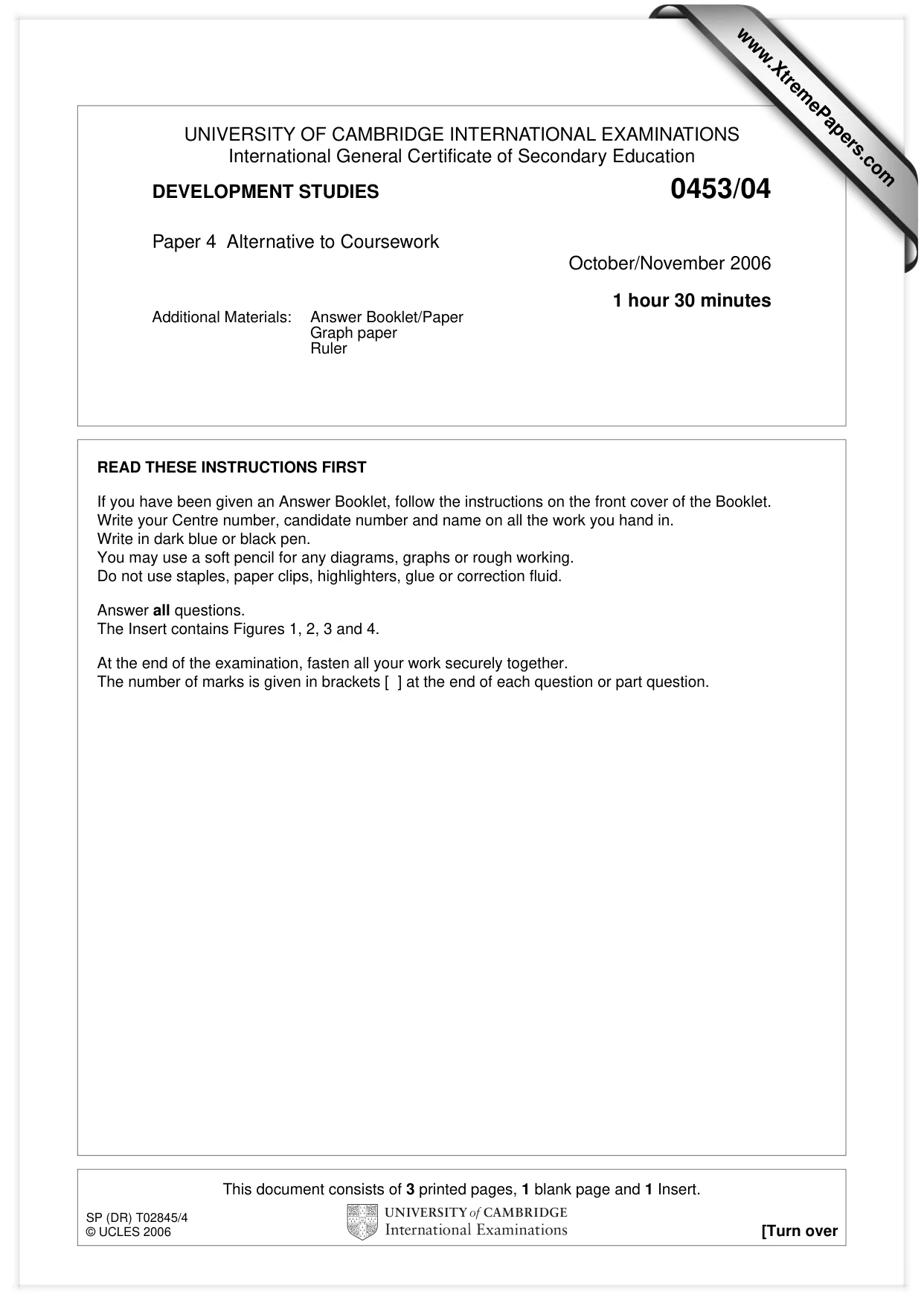 Cambridge IGCSE Development Studies 0453 2006 Oct/Nov Paper 4 · Variant 1 question paper, page 1 of 4
