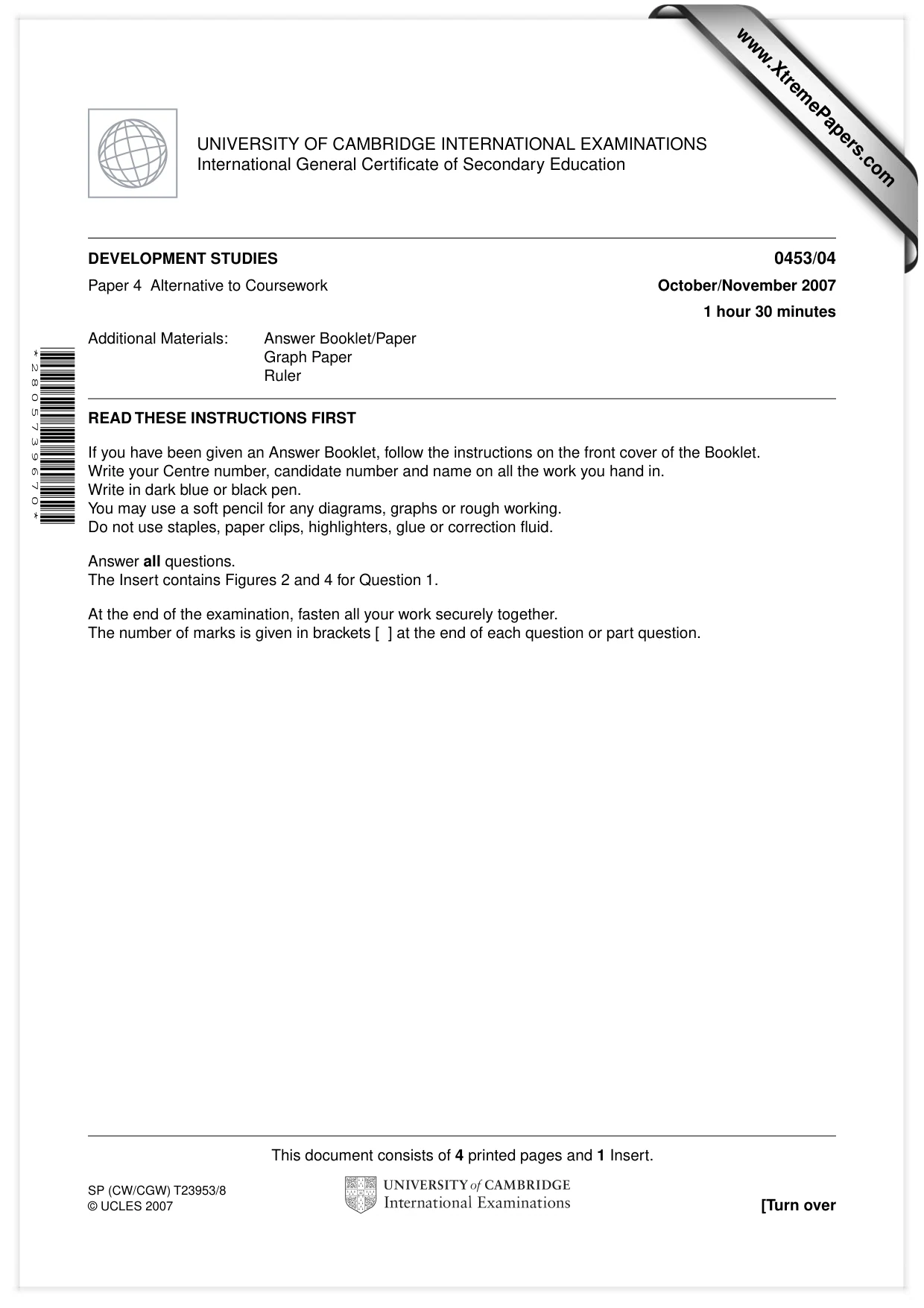 Cambridge IGCSE Development Studies 0453 2007 Oct/Nov Paper 4 · Variant 1 question paper, page 1 of 4