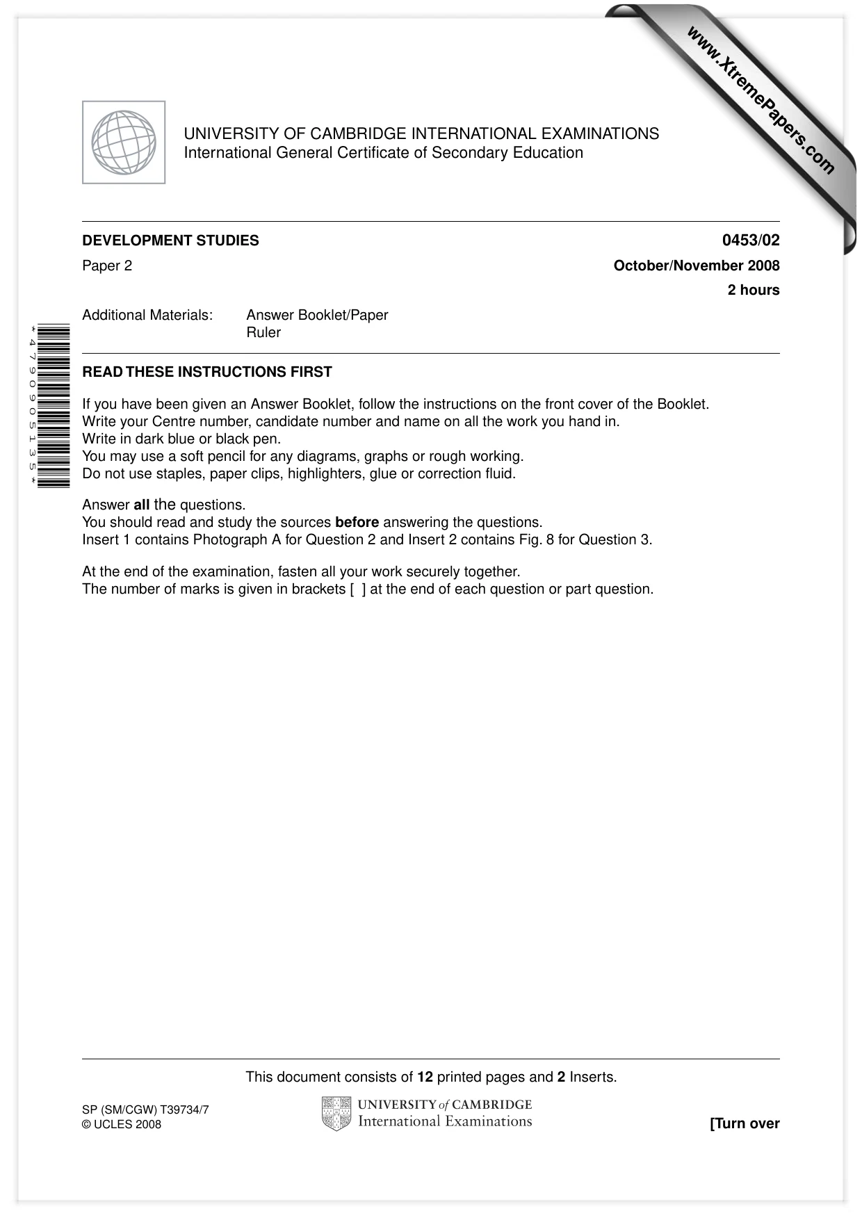 Cambridge IGCSE Development Studies 0453 2008 Oct/Nov Paper 2 · Variant 1 question paper, page 1 of 12