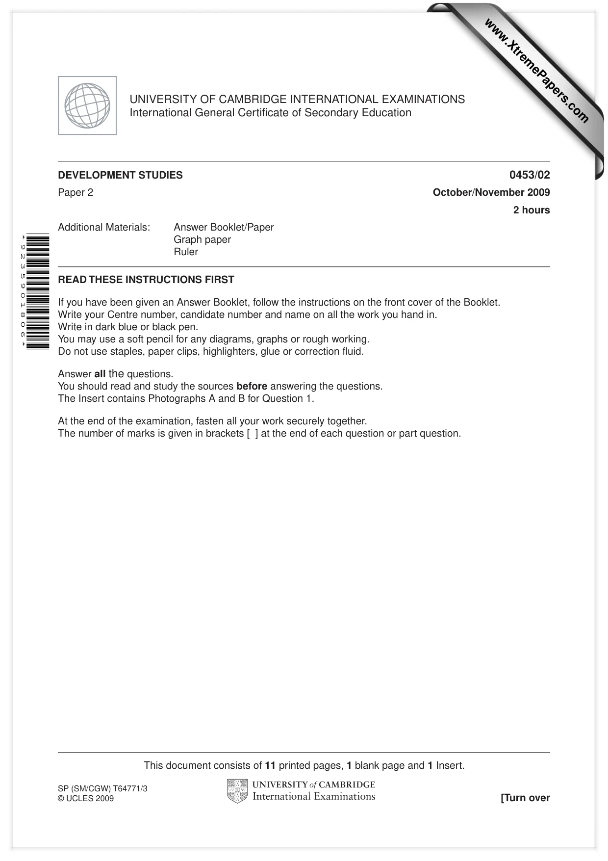Cambridge IGCSE Development Studies 0453 2009 Oct/Nov Paper 2 · Variant 1 question paper, page 1 of 12