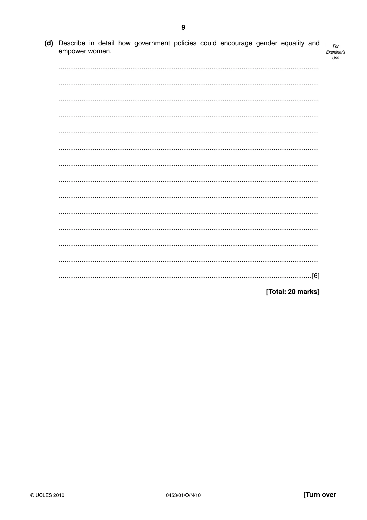 Cambridge IGCSE Development Studies 0453 2010 Oct/Nov Paper 1 · Variant 1 question paper, page 9 of 20