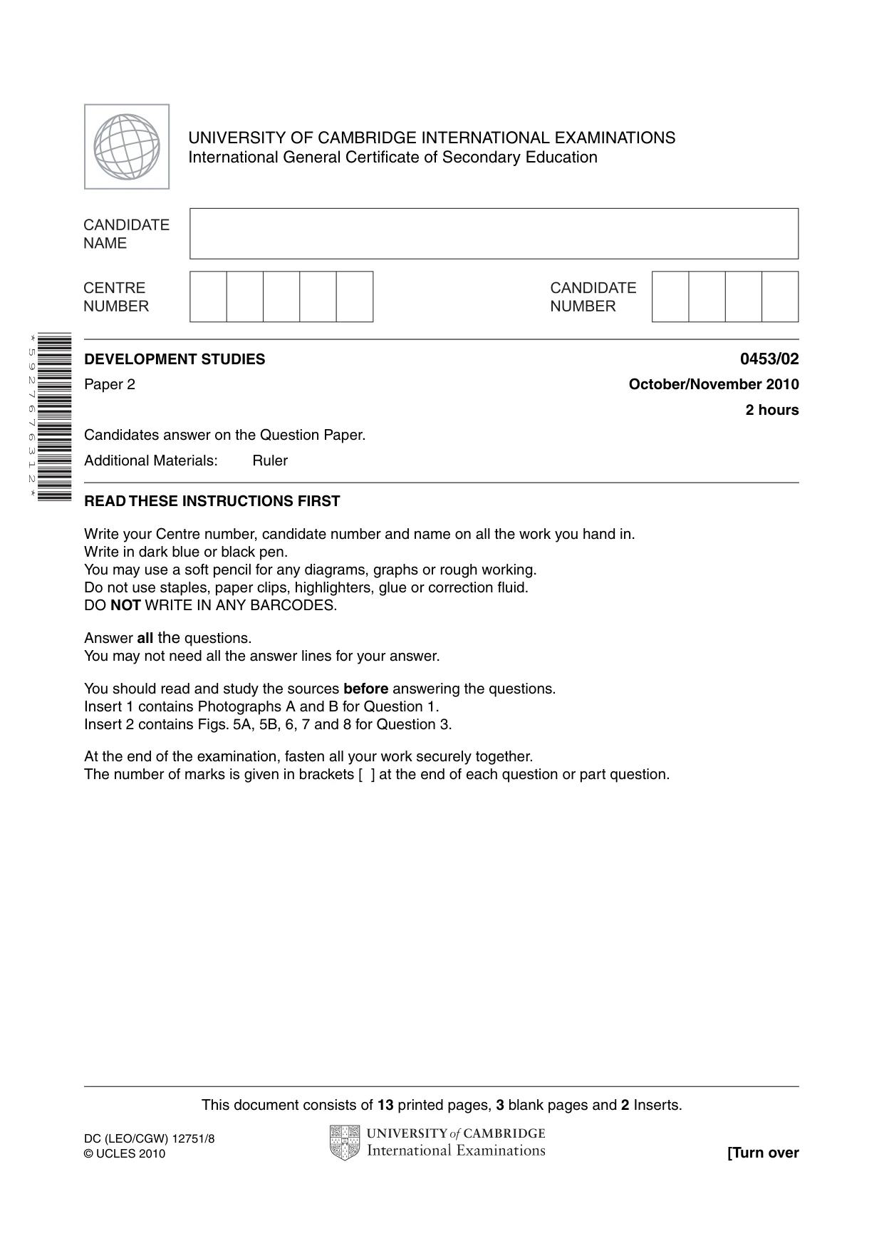 Cambridge IGCSE Development Studies 0453 2010 Oct/Nov Paper 2 · Variant 1 question paper, page 1 of 16