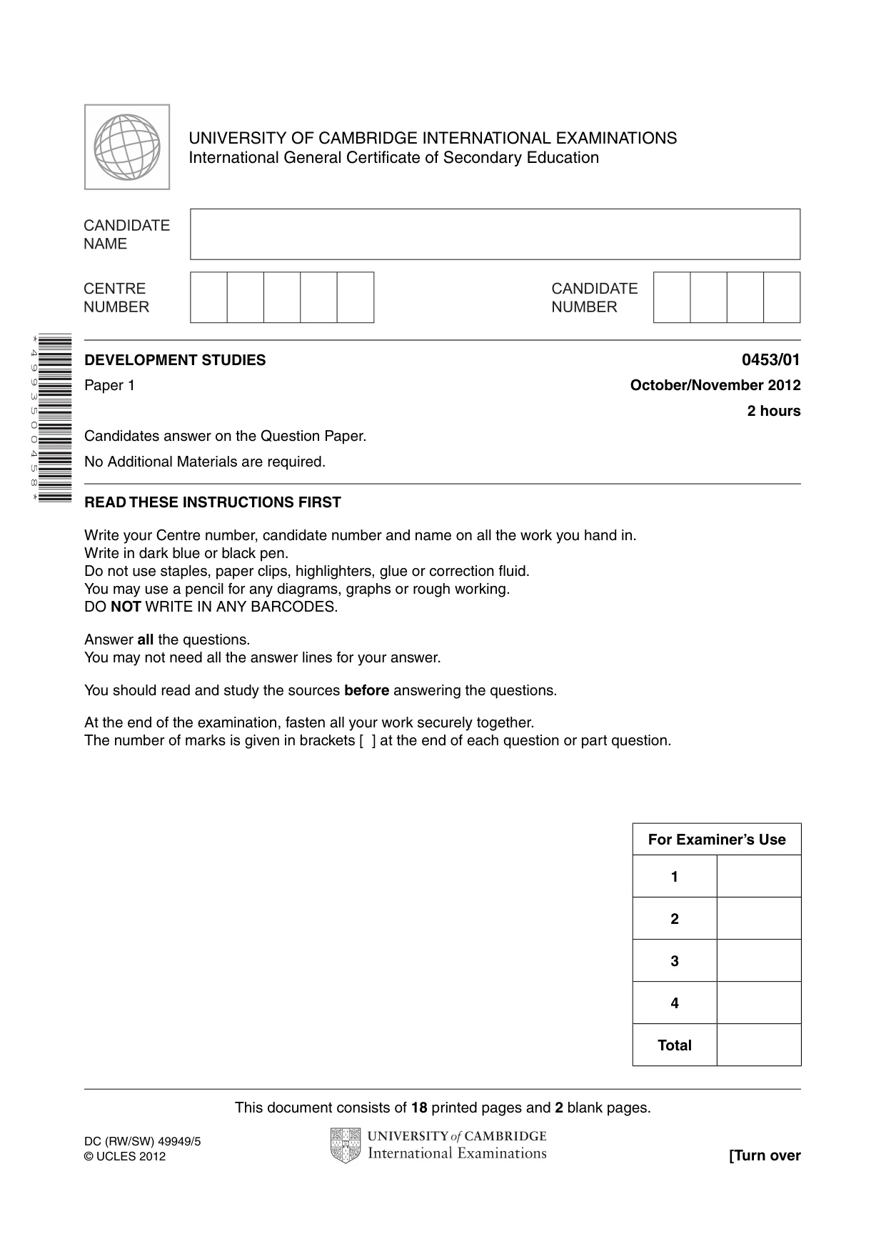 Cambridge IGCSE Development Studies 0453 2012 Oct/Nov Paper 1 · Variant 1 question paper, page 1 of 20