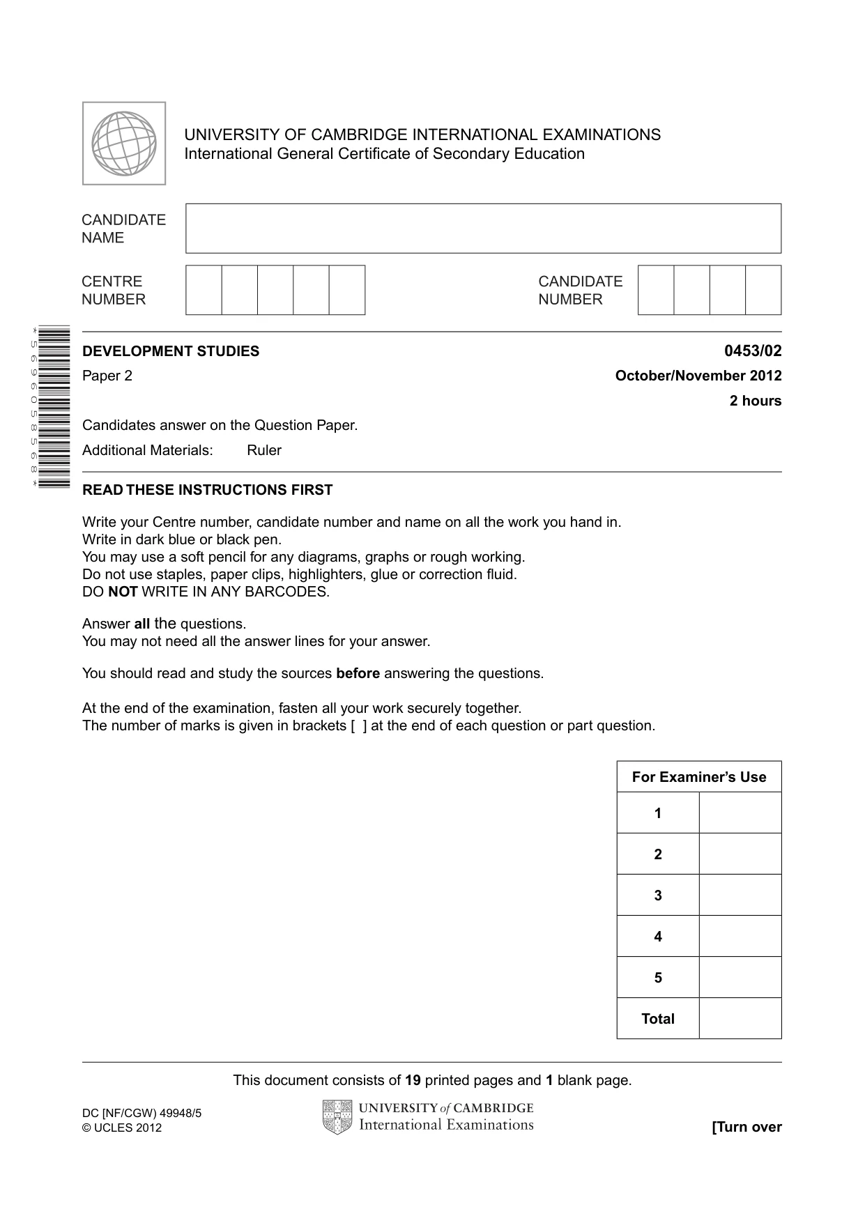 Cambridge IGCSE Development Studies 0453 2012 Oct/Nov Paper 2 · Variant 1 question paper, page 1 of 20