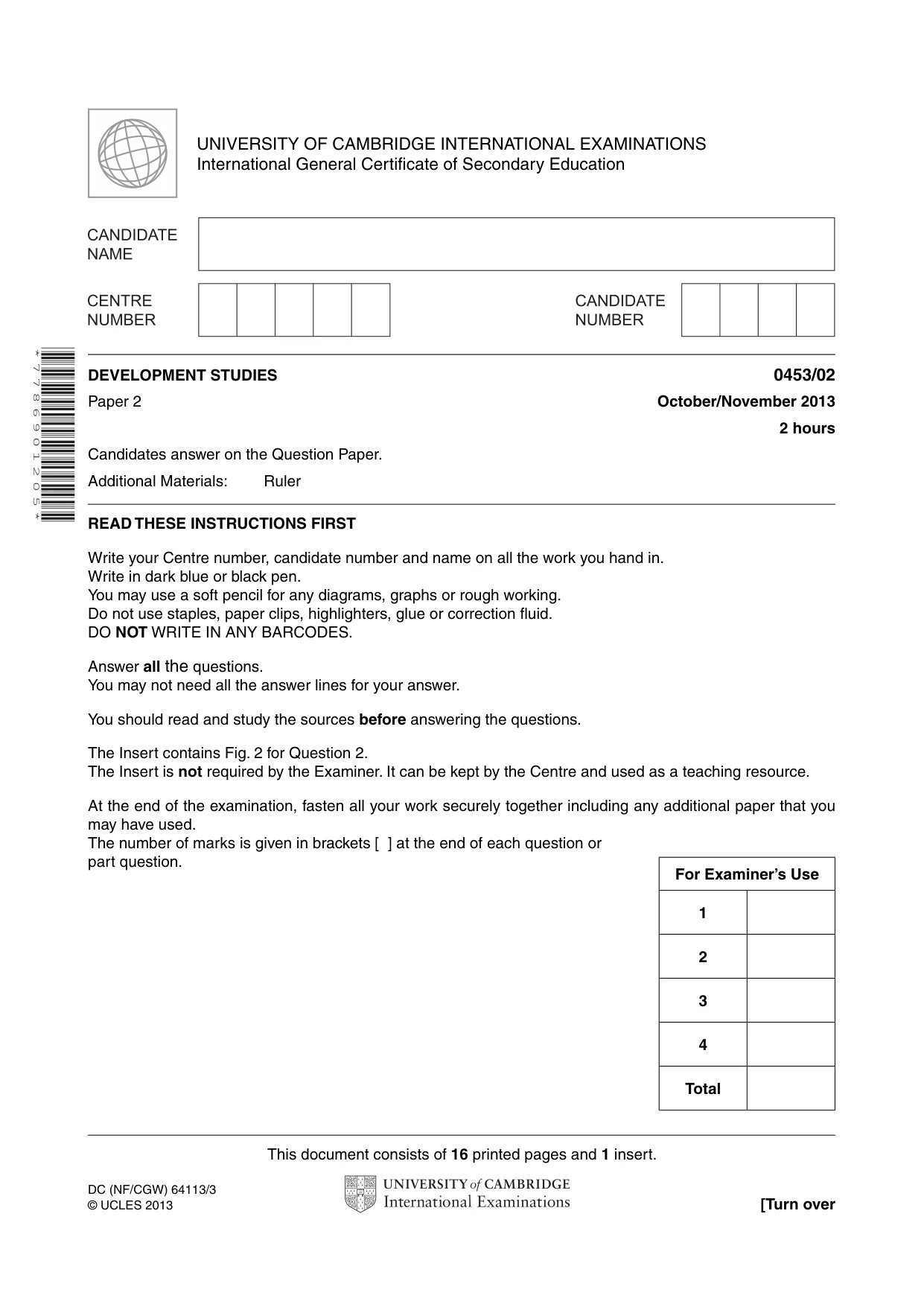 Cambridge IGCSE Development Studies 0453 2013 Oct/Nov Paper 2 · Variant 1 question paper, page 1 of 16