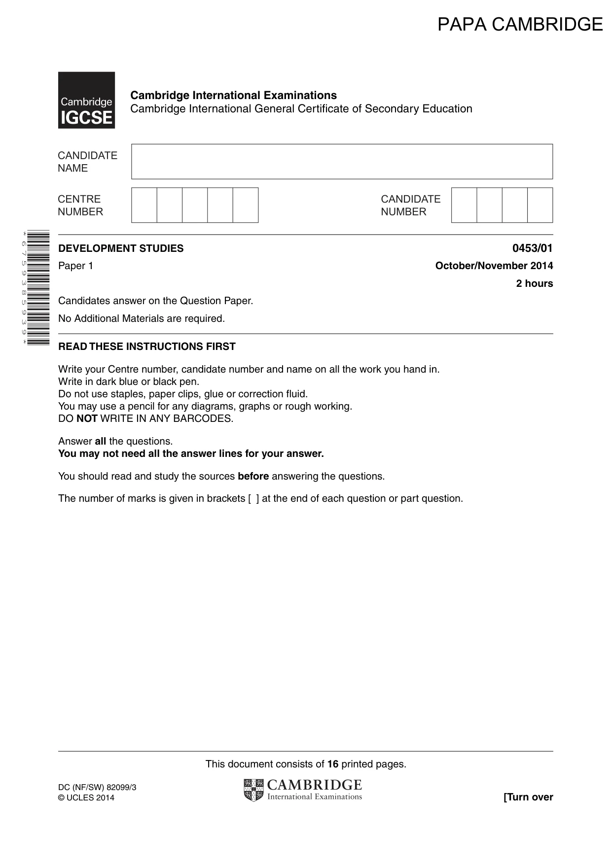 Cambridge IGCSE Development Studies 0453 2014 Oct/Nov Paper 1 · Variant 1 question paper, page 1 of 16