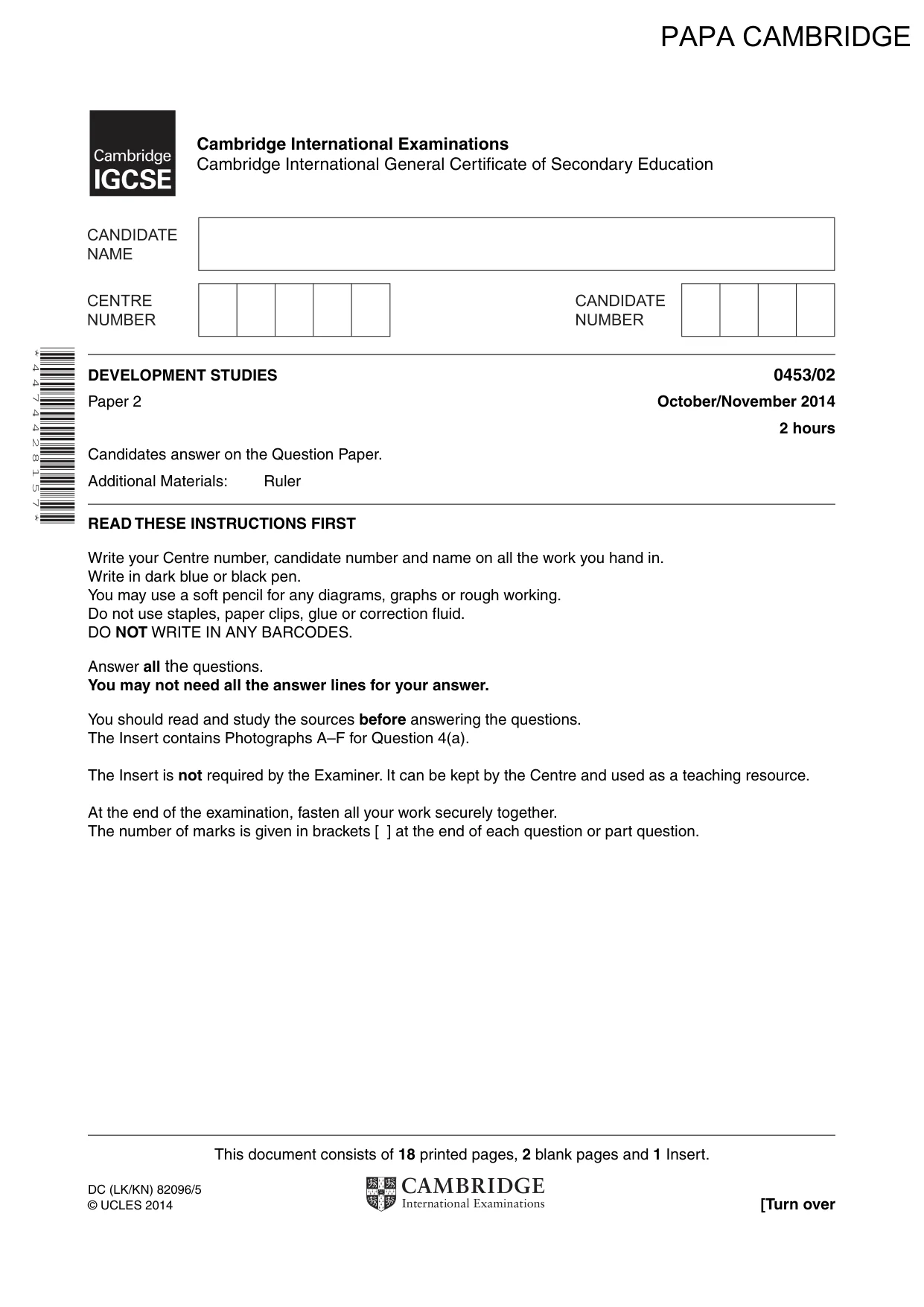Cambridge IGCSE Development Studies 0453 2014 Oct/Nov Paper 2 · Variant 1 question paper, page 1 of 20