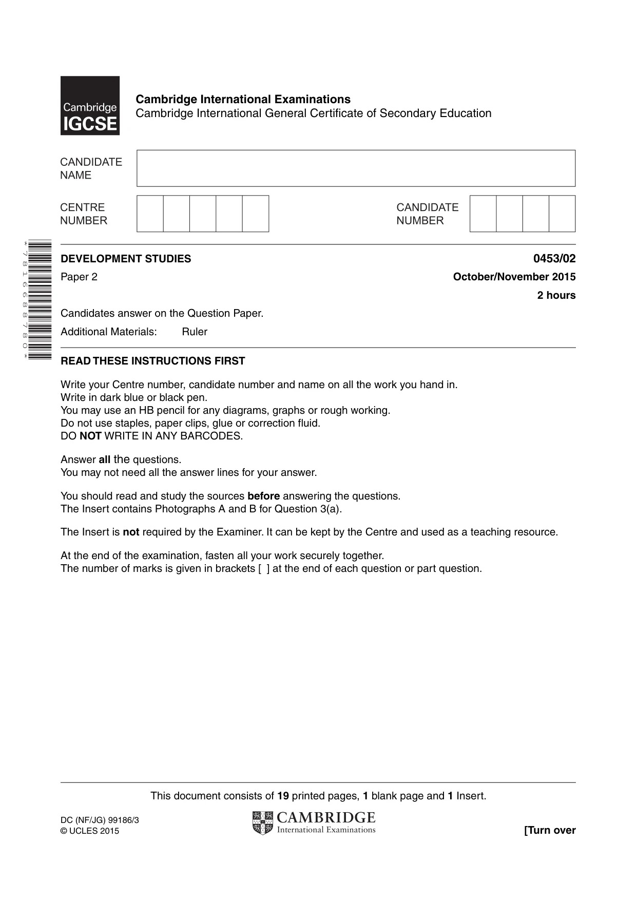 Cambridge IGCSE Development Studies 0453 2015 Oct/Nov Paper 2 · Variant 1 question paper, page 1 of 20