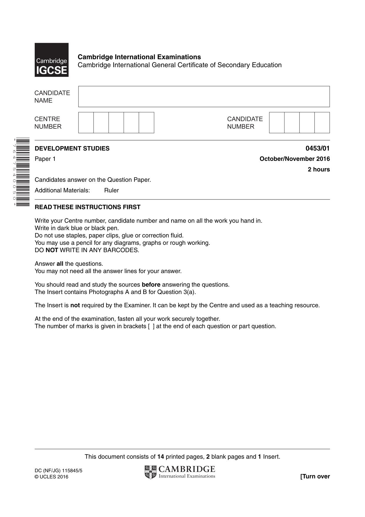 Cambridge IGCSE Development Studies 0453 2016 Oct/Nov Paper 1 · Variant 1 question paper, page 1 of 16