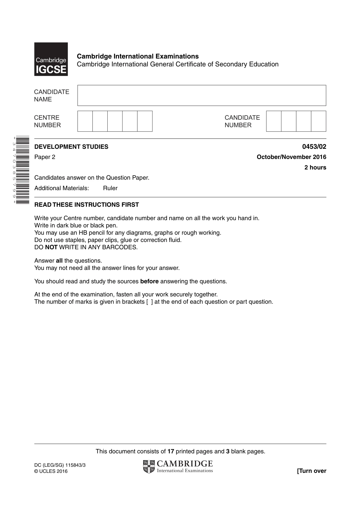 Cambridge IGCSE Development Studies 0453 2016 Oct/Nov Paper 2 · Variant 1 question paper, page 1 of 20