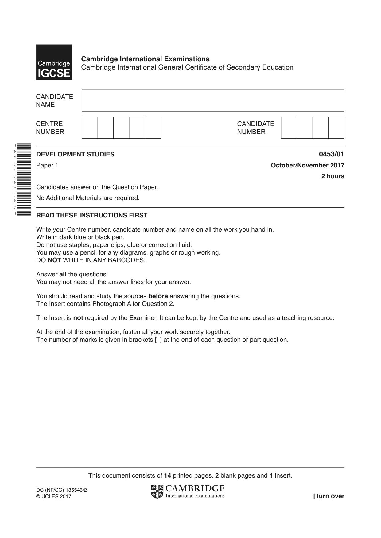 Cambridge IGCSE Development Studies 0453 2017 Oct/Nov Paper 1 · Variant 1 question paper, page 1 of 16