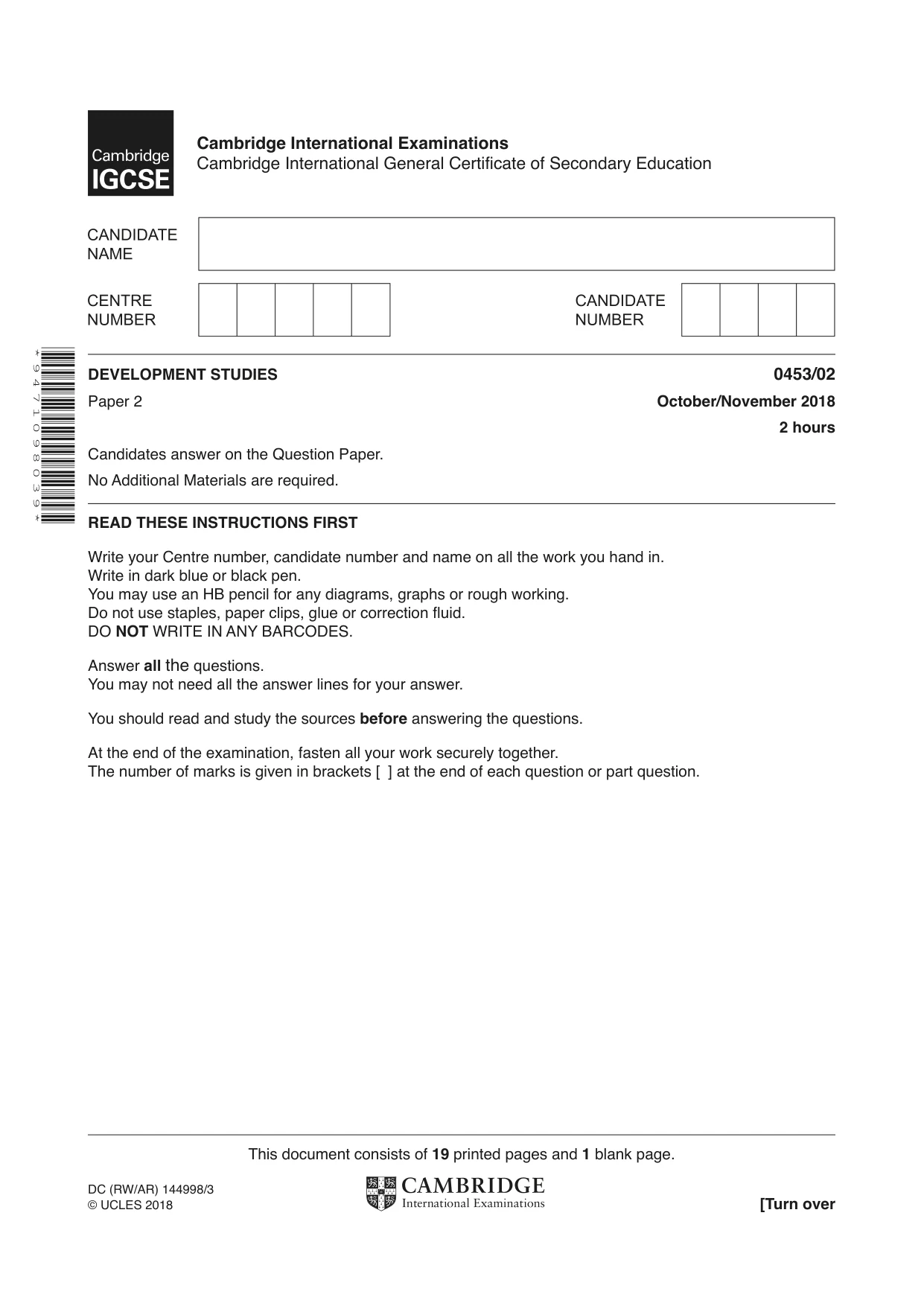 Cambridge IGCSE Development Studies 0453 2018 Oct/Nov Paper 2 · Variant 0 question paper, page 1 of 20