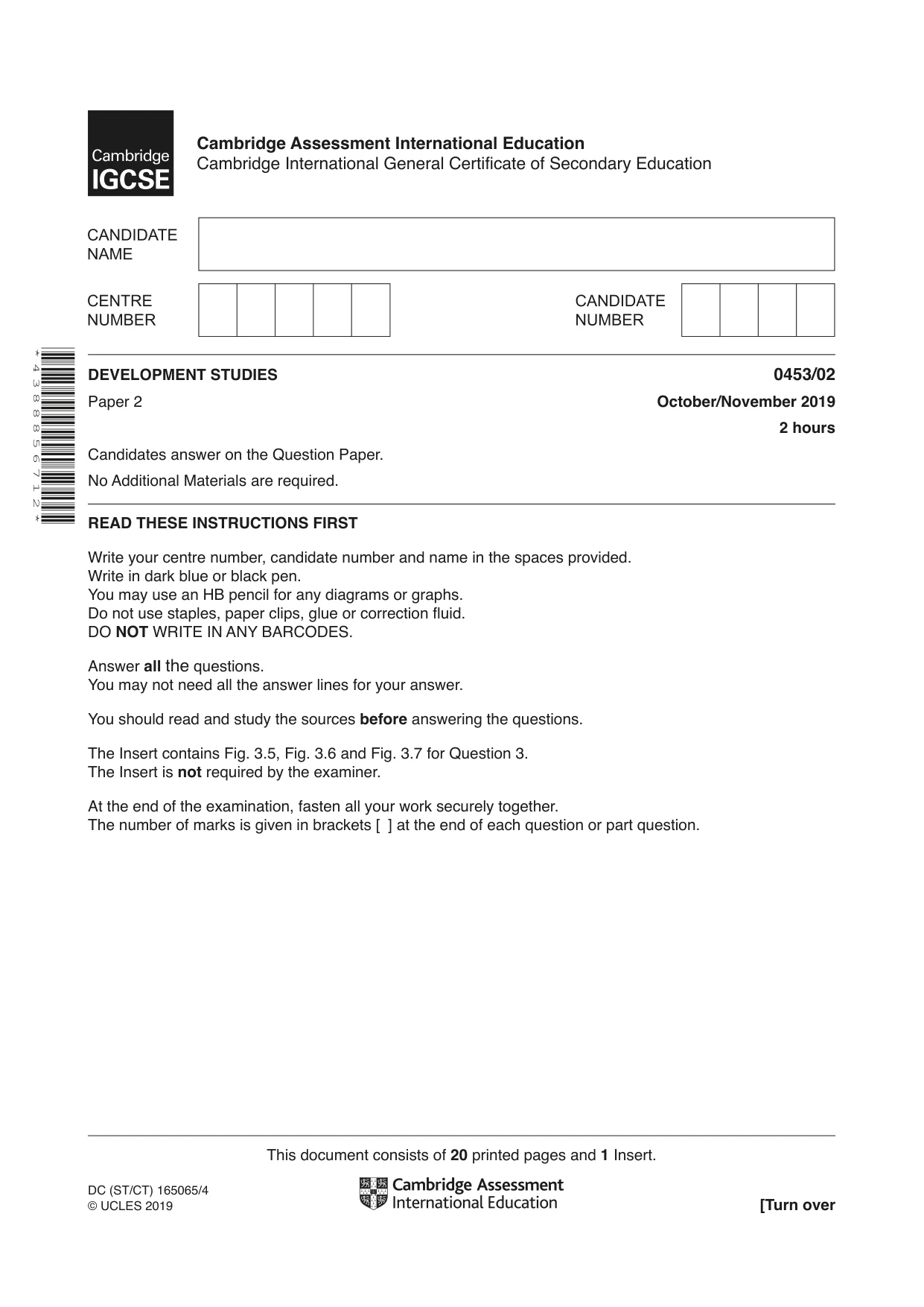 Cambridge IGCSE Development Studies 0453 2019 Oct/Nov Paper 2 · Variant 1 question paper, page 1 of 20