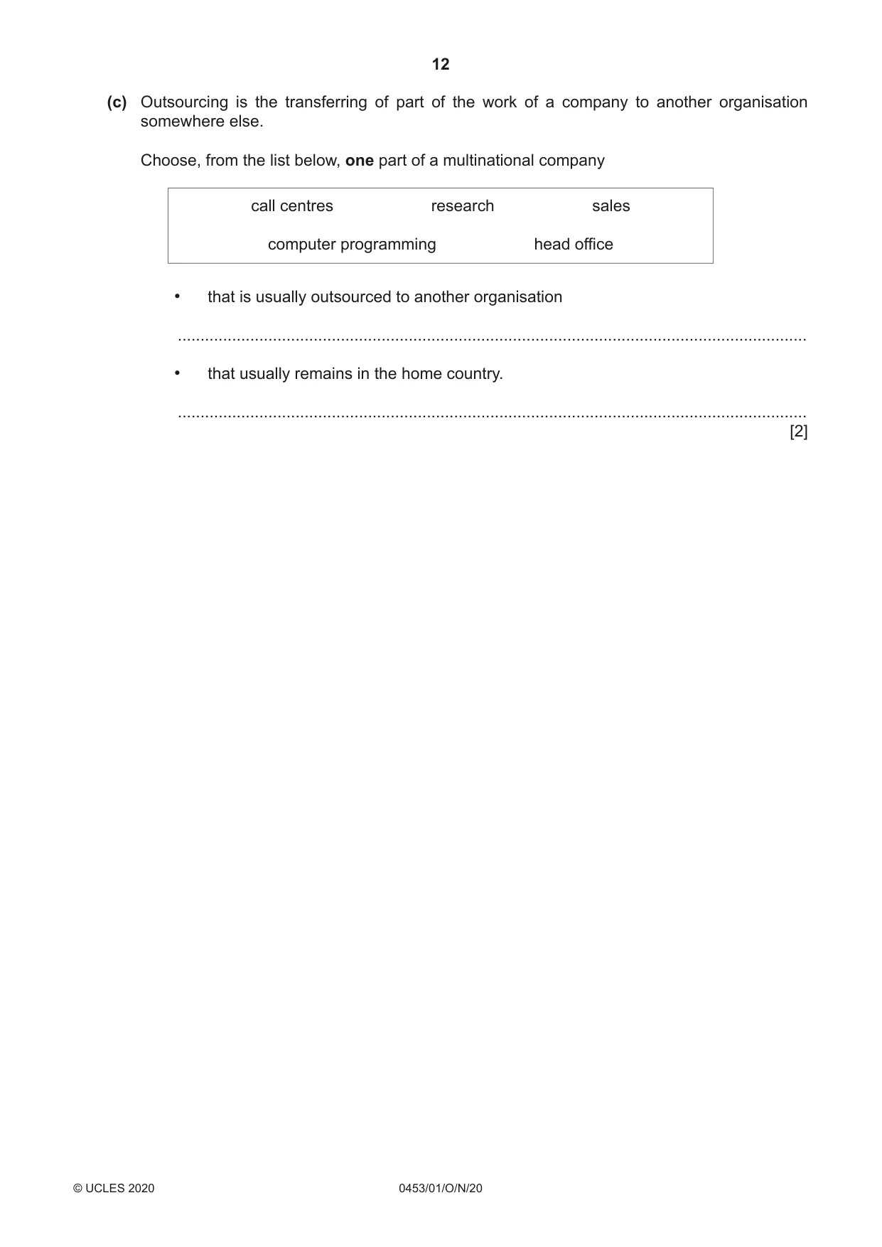 Cambridge IGCSE Development Studies 0453 2020 Oct/Nov Paper 1 · Variant 0 question paper, page 12 of 20