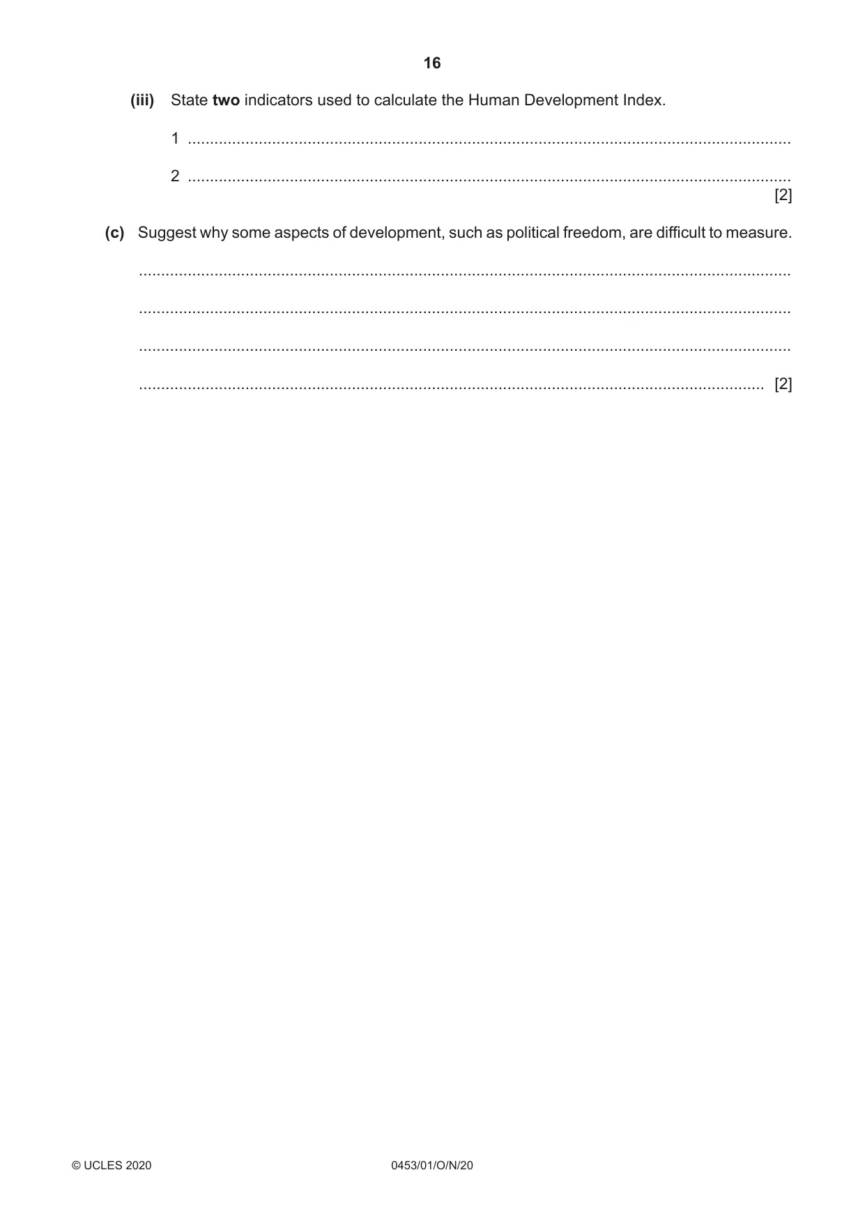 Cambridge IGCSE Development Studies 0453 2020 Oct/Nov Paper 1 · Variant 0 question paper, page 16 of 20
