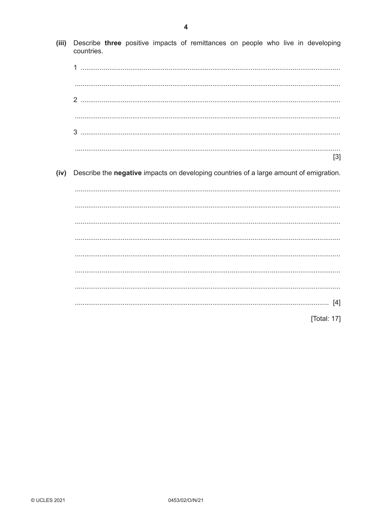 Cambridge IGCSE Development Studies 0453 2021 Oct/Nov Paper 2 · Variant 0 question paper, page 4 of 20