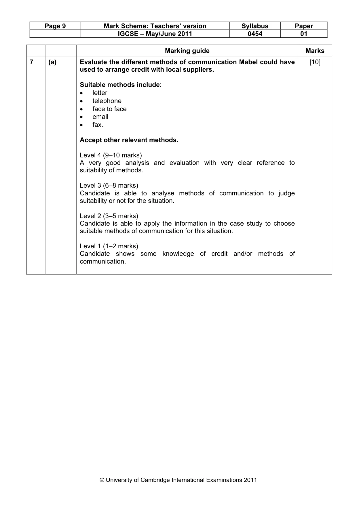 Mark scheme, page 9 of 10