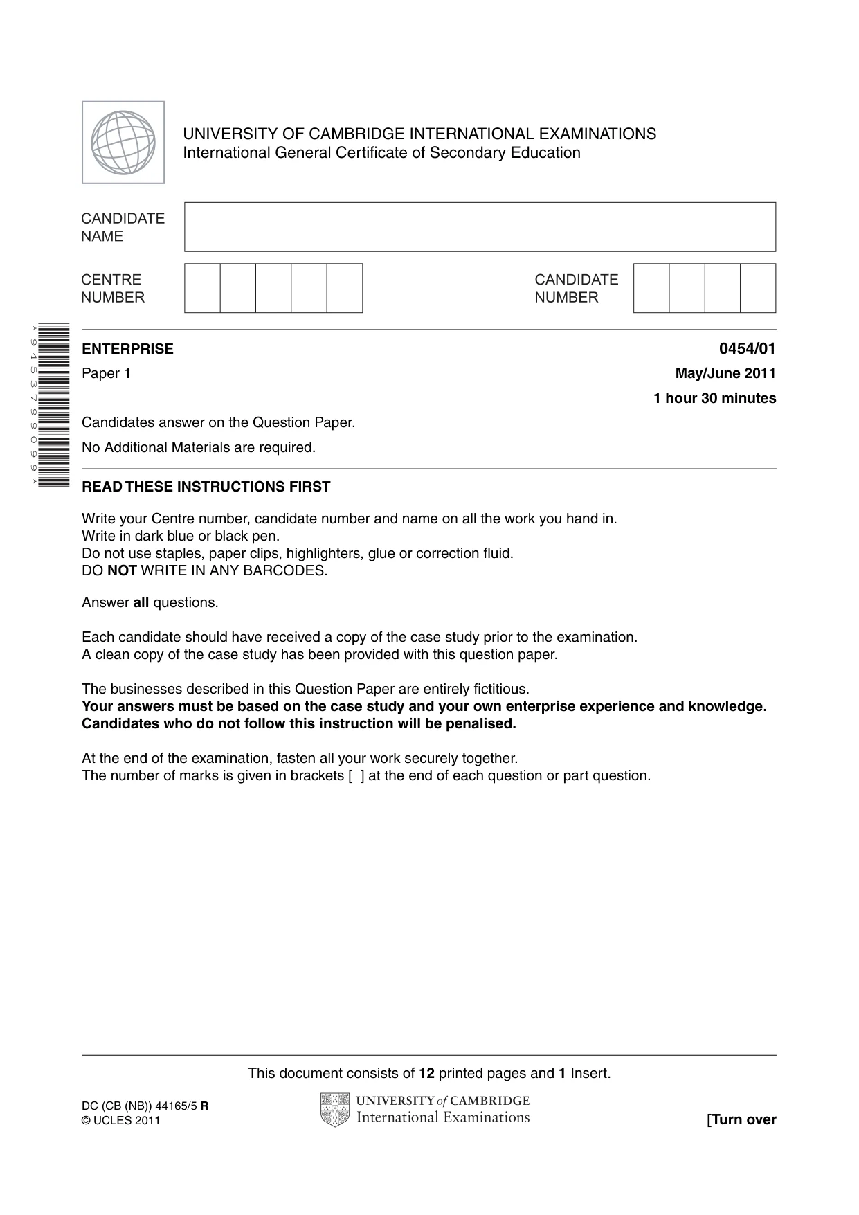 Cambridge IGCSE Enterprise 0454 2011 May/June Paper 1 · Variant 1 question paper, page 1 of 12