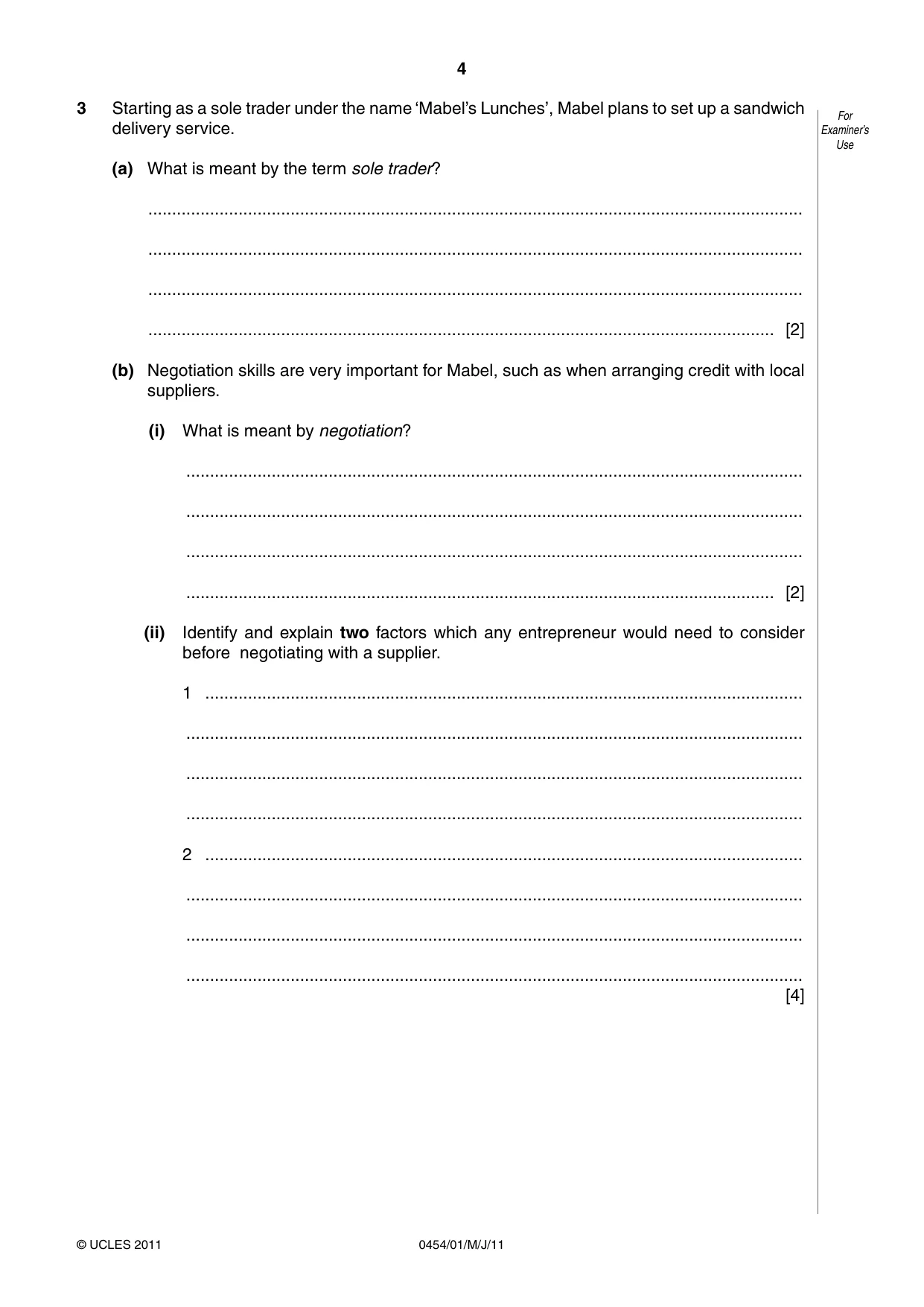 Cambridge IGCSE Enterprise 0454 2011 May/June Paper 1 · Variant 1 question paper, page 4 of 12