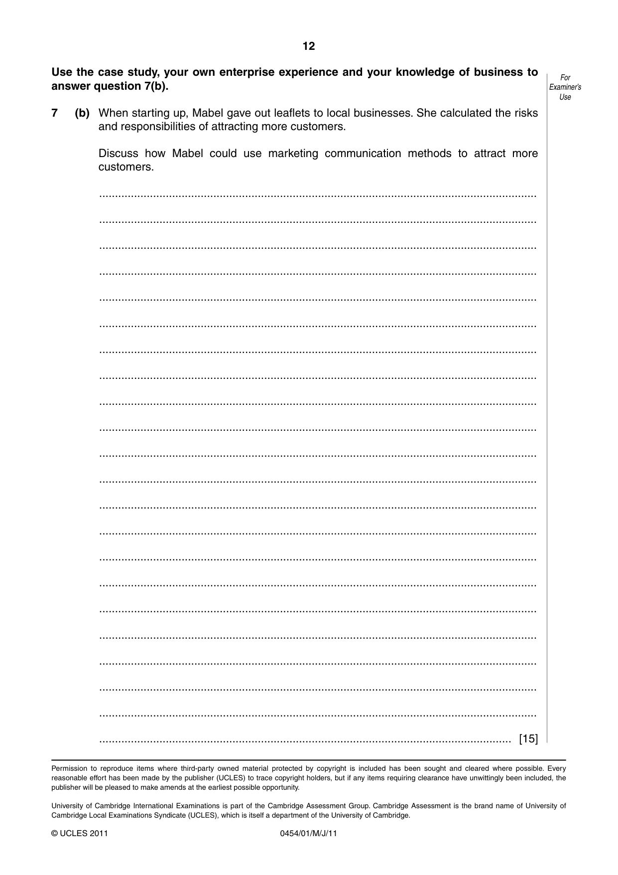 Cambridge IGCSE Enterprise 0454 2011 May/June Paper 1 · Variant 1 question paper, page 12 of 12