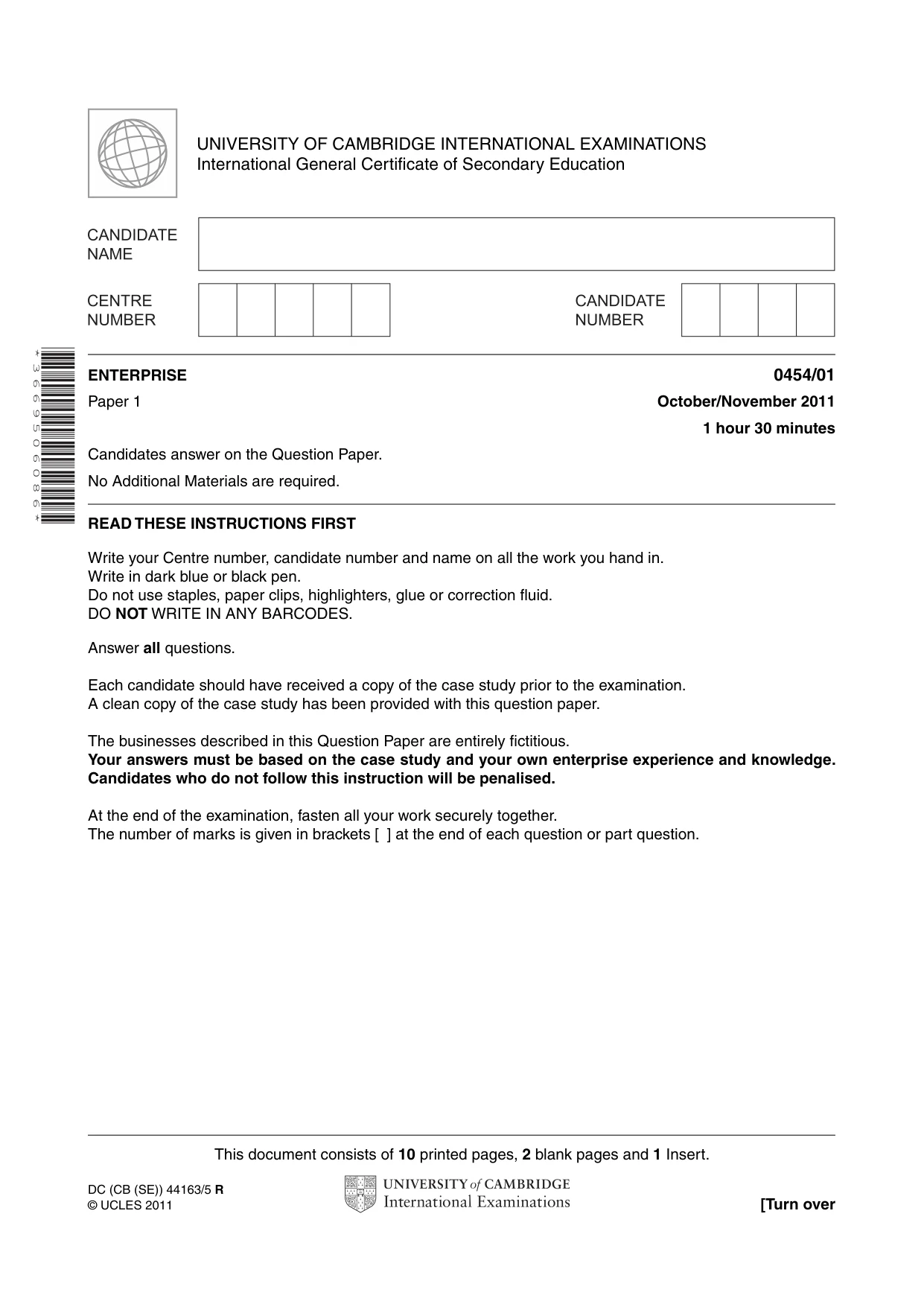 Cambridge IGCSE Enterprise 0454 2011 Oct/Nov Paper 1 · Variant 1 question paper, page 1 of 12