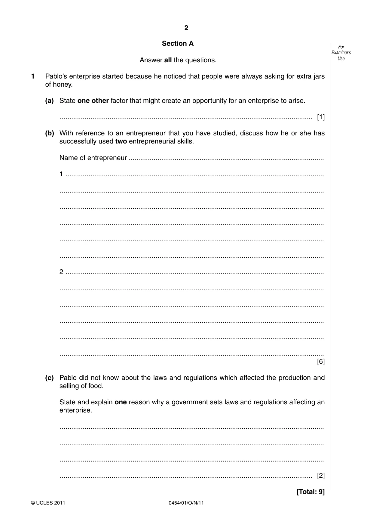 Cambridge IGCSE Enterprise 0454 2011 Oct/Nov Paper 1 · Variant 1 question paper, page 2 of 12