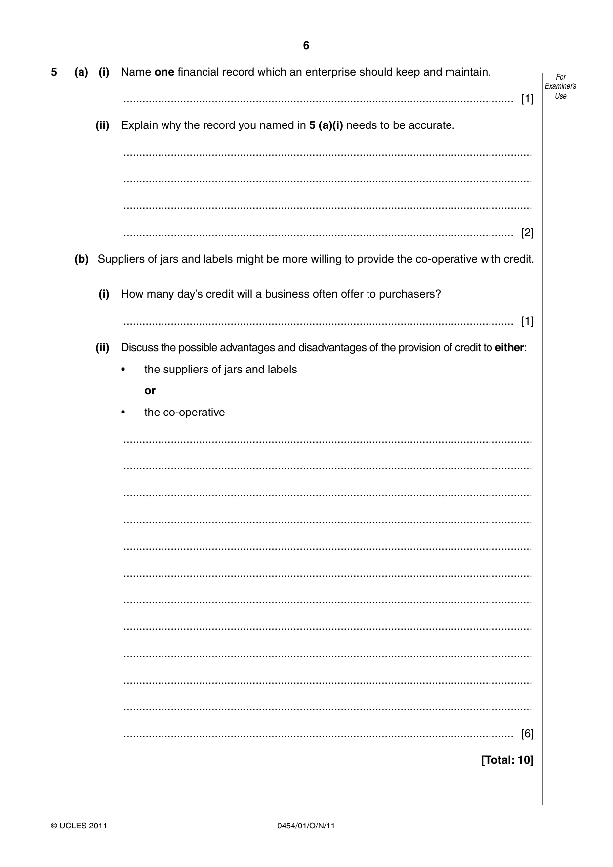 Cambridge IGCSE Enterprise 0454 2011 Oct/Nov Paper 1 · Variant 1 question paper, page 6 of 12