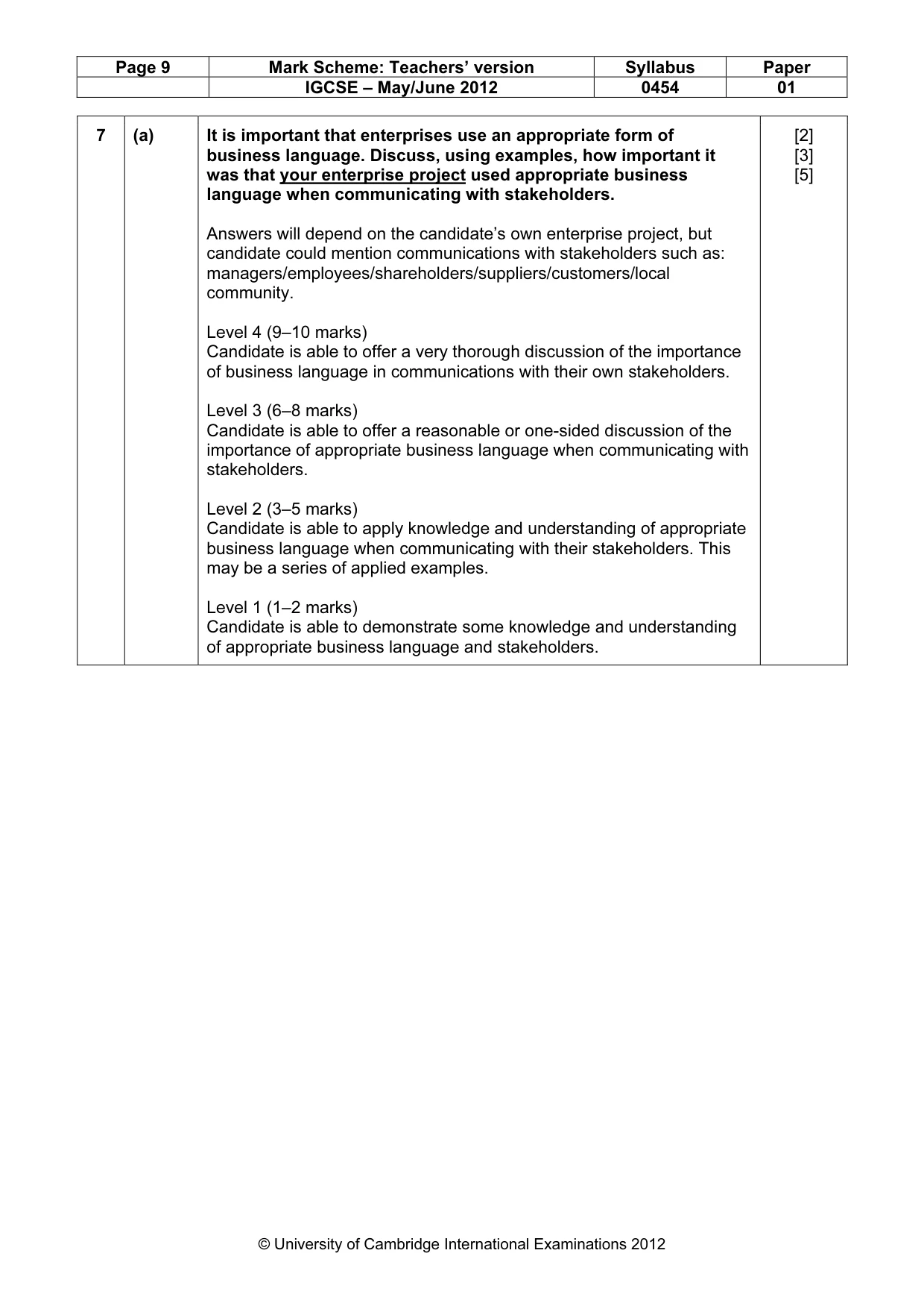 Mark scheme, page 9 of 10