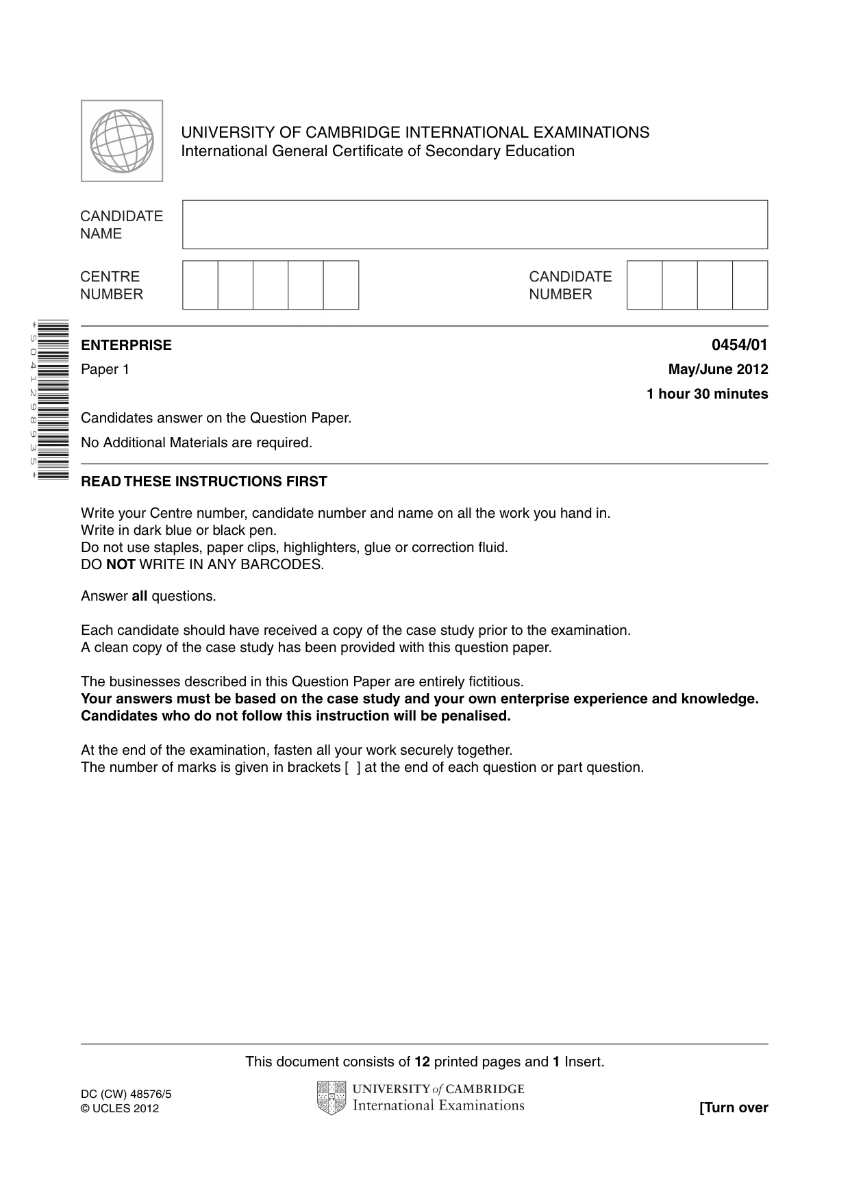 Cambridge IGCSE Enterprise 0454 2012 May/June Paper 1 · Variant 1 question paper, page 1 of 12