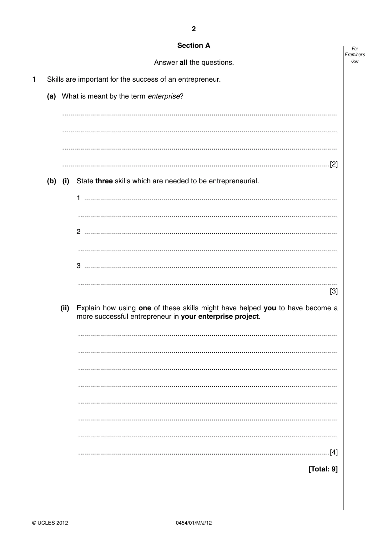 Cambridge IGCSE Enterprise 0454 2012 May/June Paper 1 · Variant 1 question paper, page 2 of 12