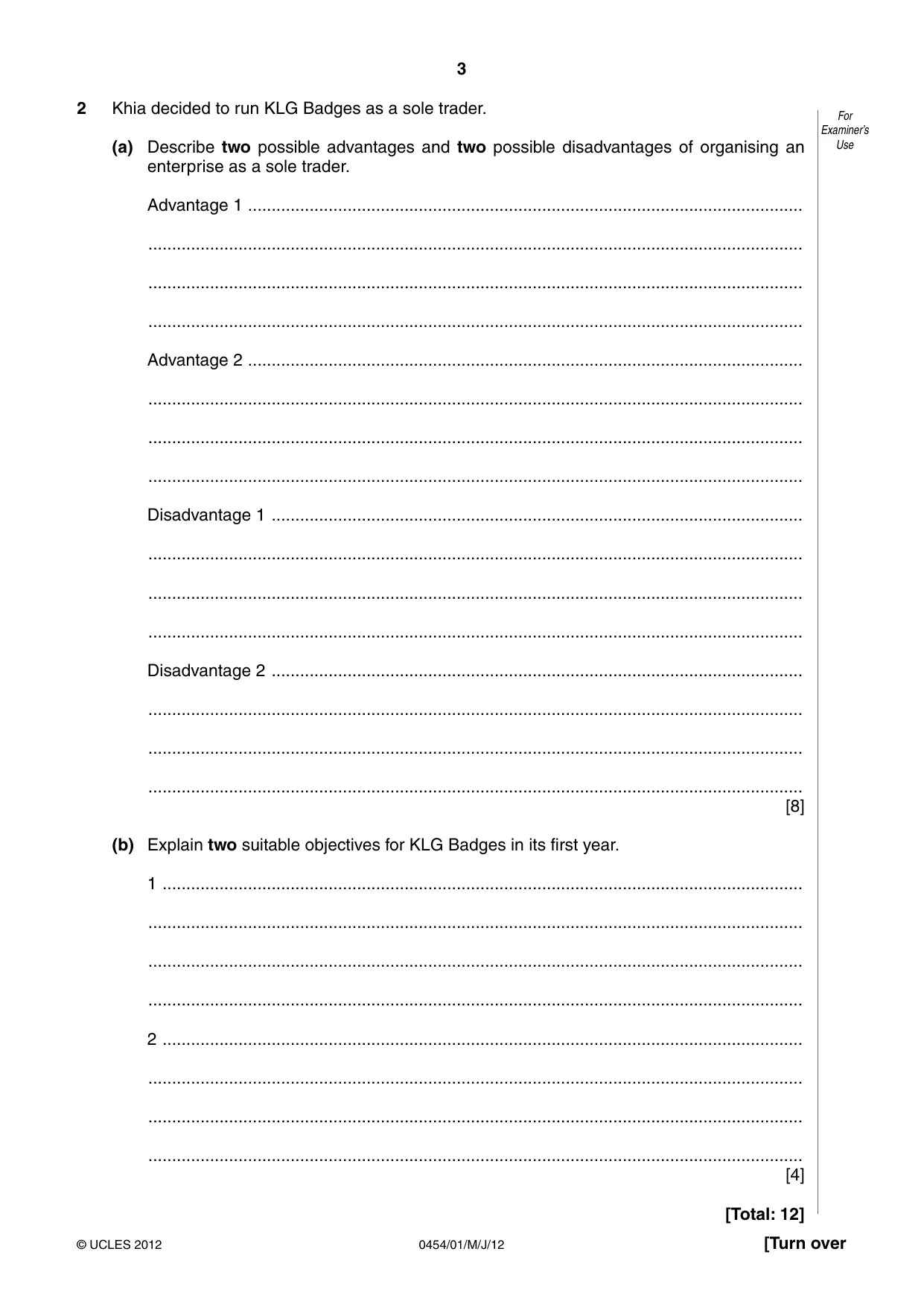 Cambridge IGCSE Enterprise 0454 2012 May/June Paper 1 · Variant 1 question paper, page 3 of 12