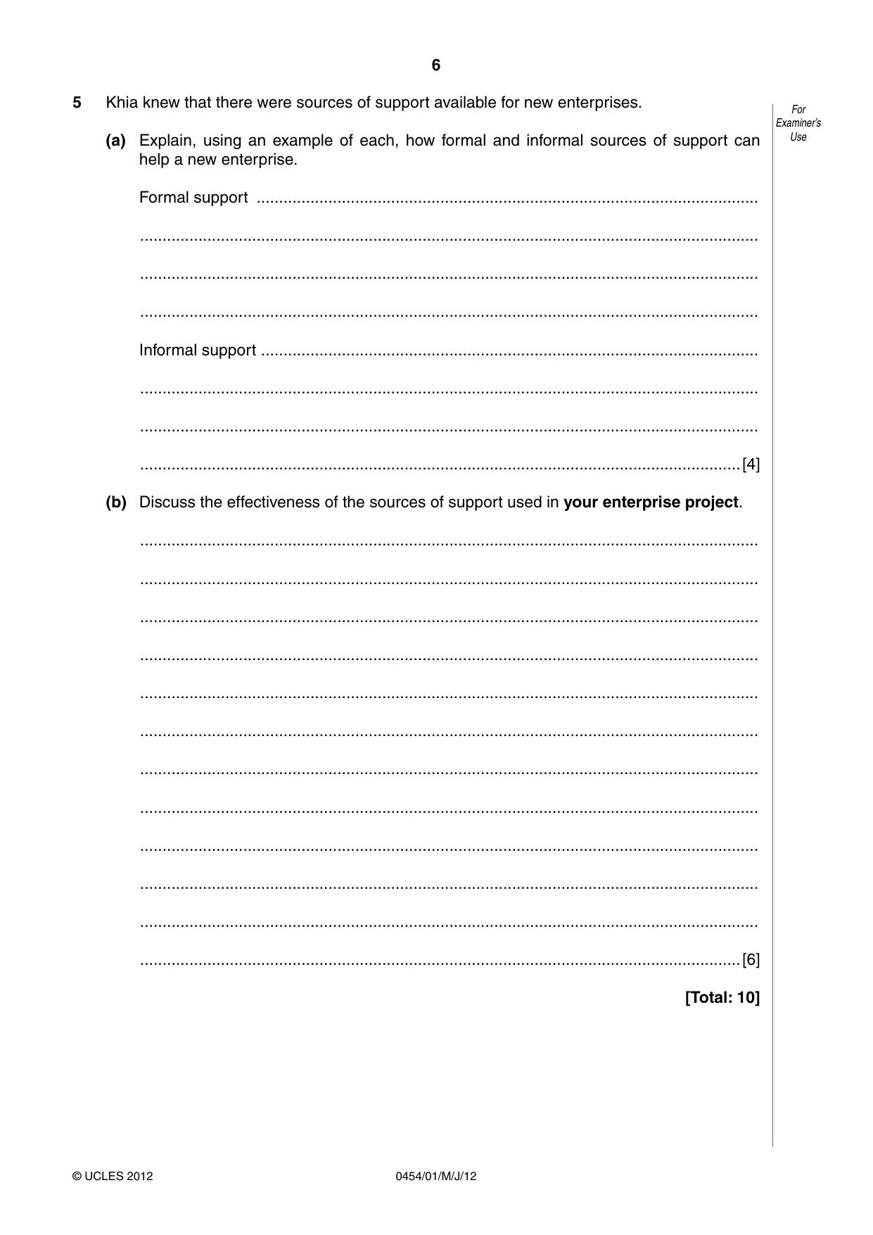 Cambridge IGCSE Enterprise 0454 2012 May/June Paper 1 · Variant 1 question paper, page 6 of 12