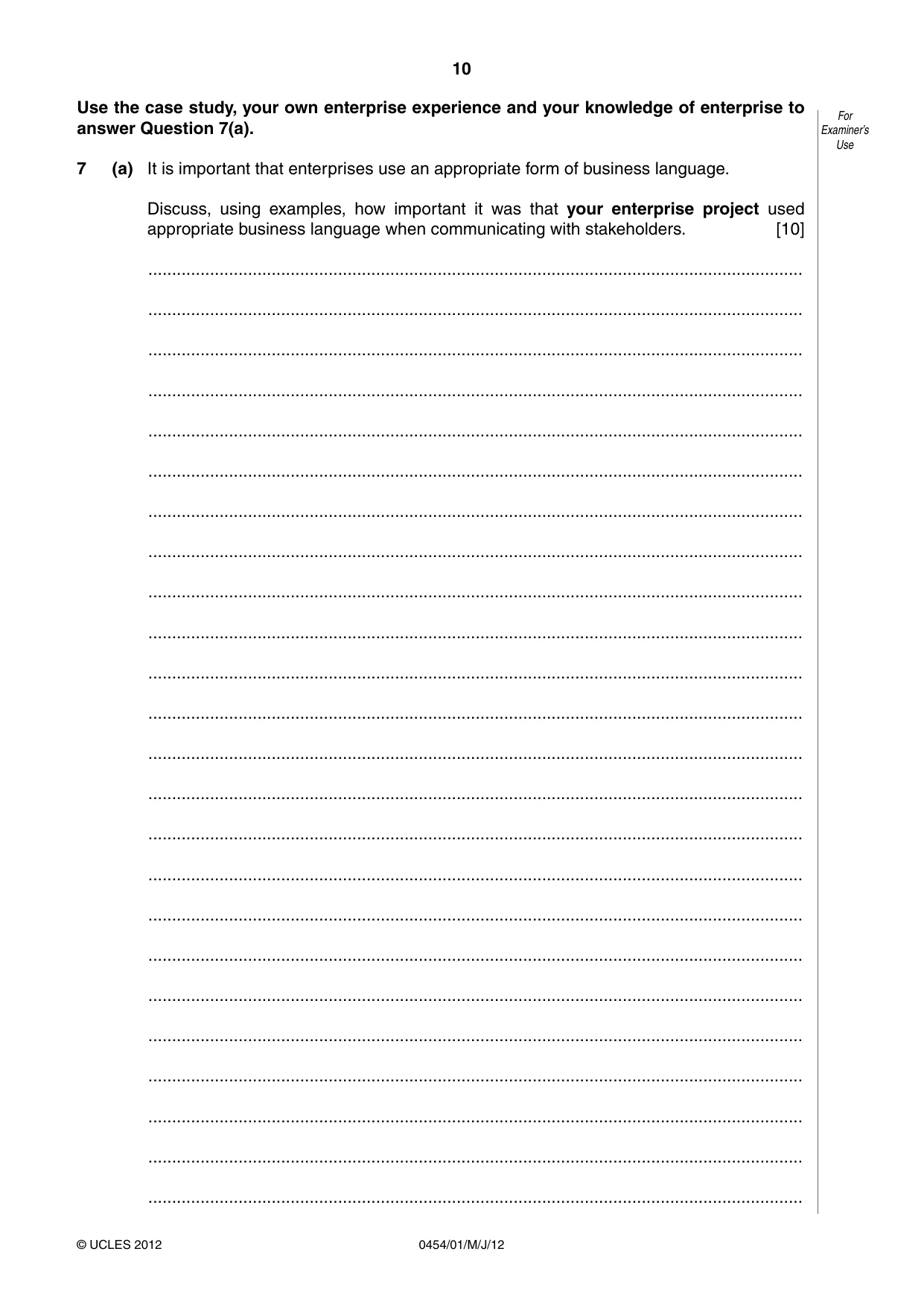 Cambridge IGCSE Enterprise 0454 2012 May/June Paper 1 · Variant 1 question paper, page 10 of 12