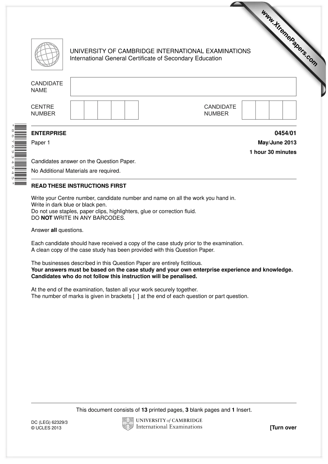 Cambridge IGCSE Enterprise 0454 2013 May/June Paper 1 · Variant 0 question paper, page 1 of 16