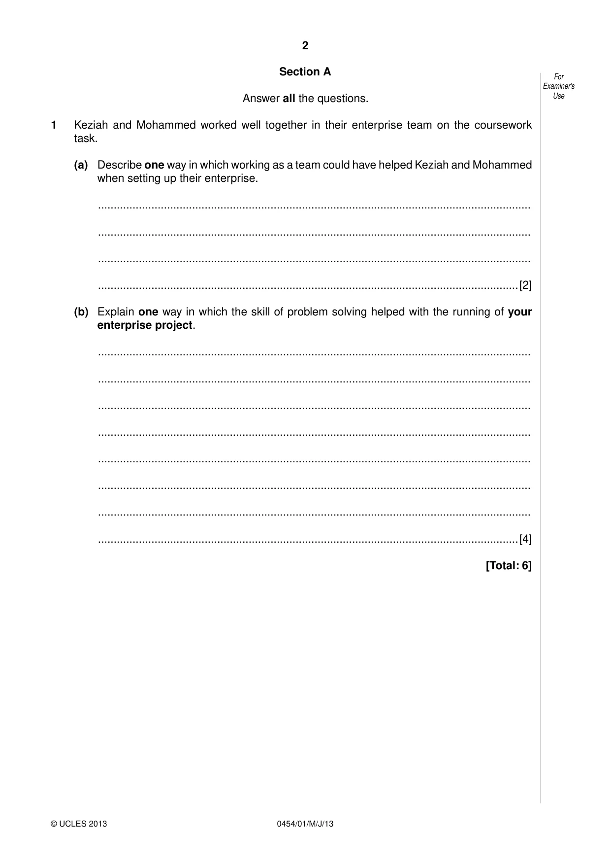Cambridge IGCSE Enterprise 0454 2013 May/June Paper 1 · Variant 0 question paper, page 2 of 16