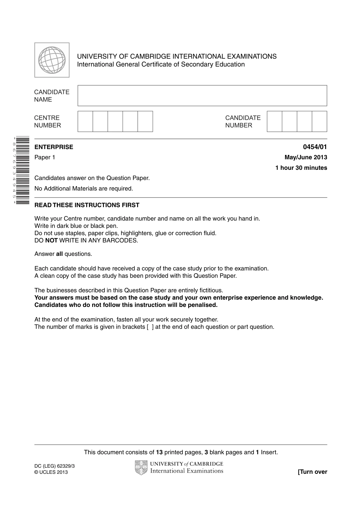 Cambridge IGCSE Enterprise 0454 2013 May/June Paper 1 · Variant 1 question paper, page 1 of 16